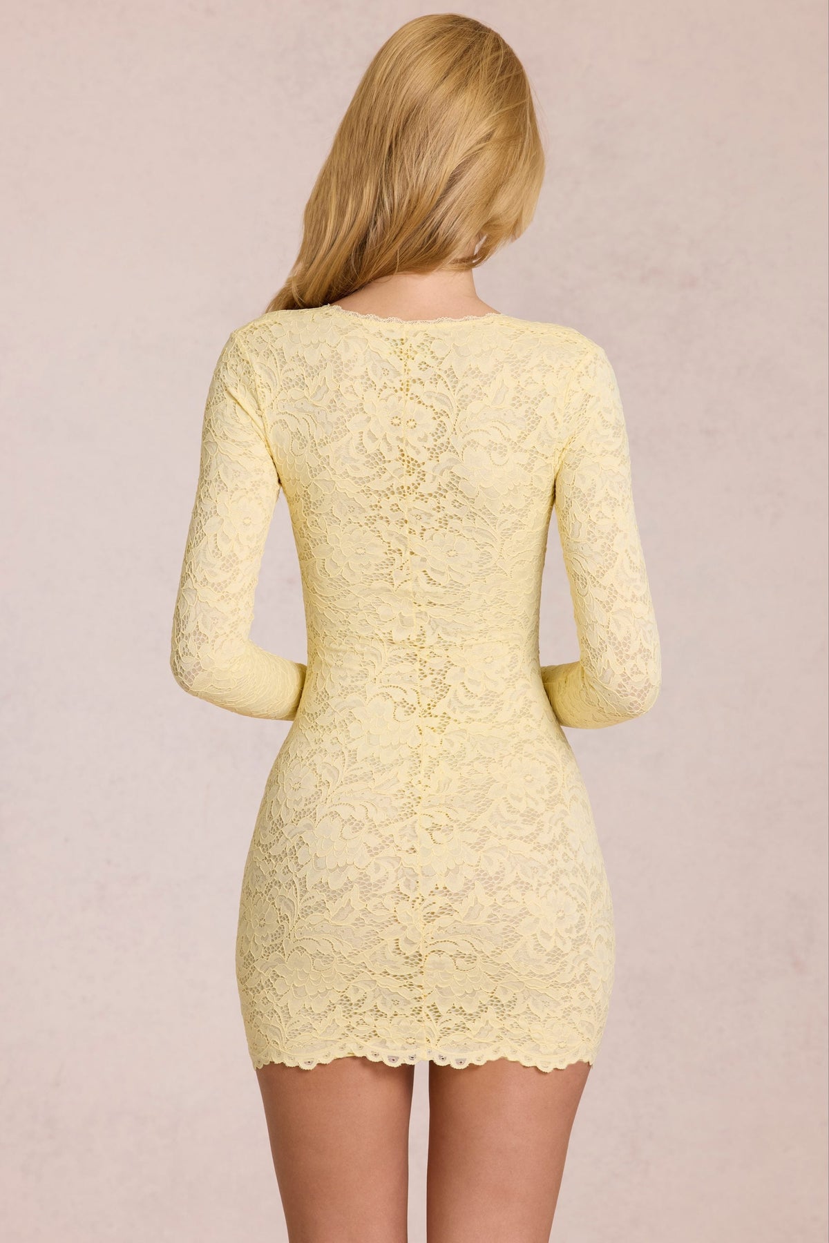 Scalloped-Lace Long-Sleeve Mini Dress in Lemon Yellow