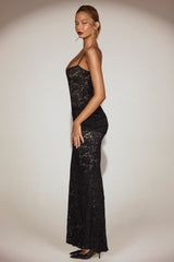 Sheer Lace Square-Neck Ruched Gown in Black