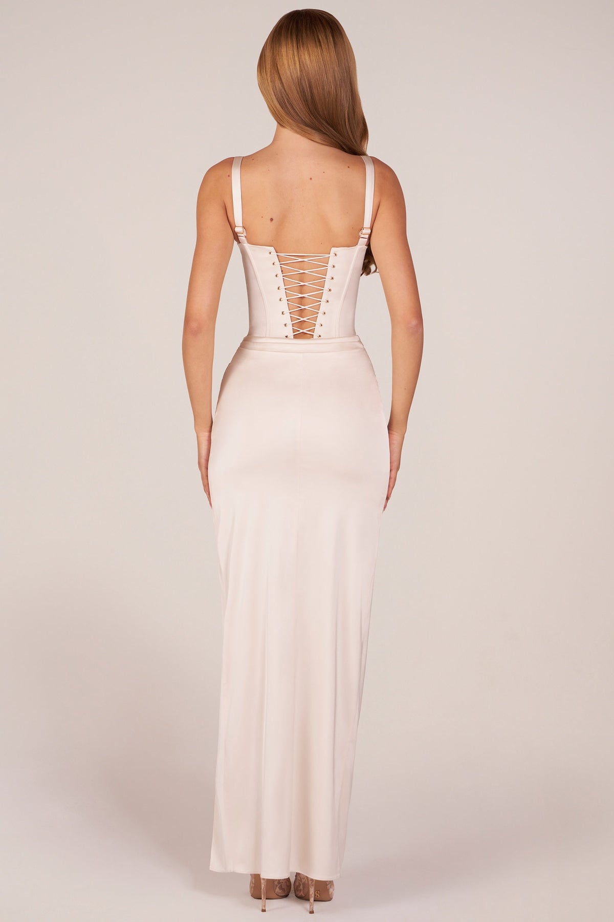 Corseted Thigh-High Split Maxi Dress in Pearl
