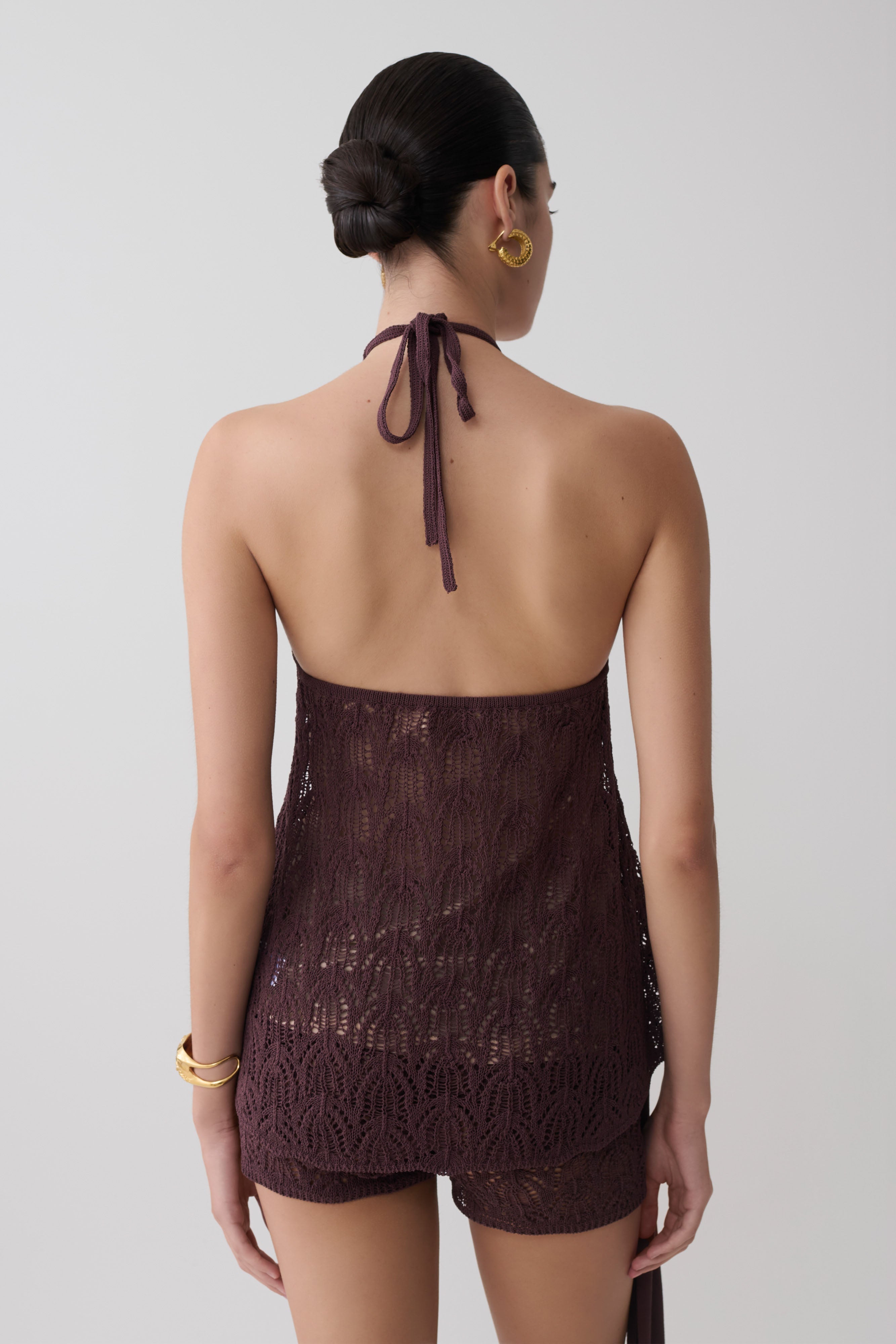 Corey Crochet Halter Neck Top - Chocolate