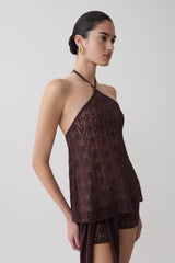 Corey Crochet Halter Neck Top - Chocolate