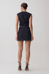 Loraine Mid Rise Denim Mini Skirt - Indigo Pinstripe