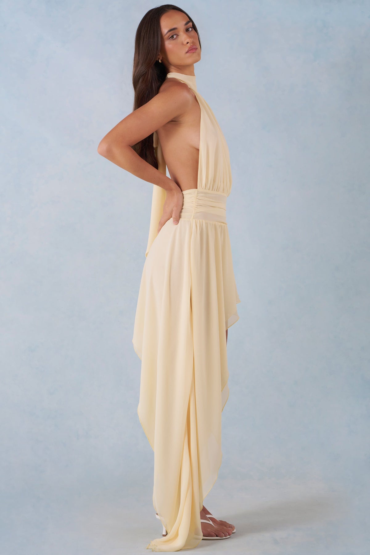 Halterneck Asymmetric Maxi Dress in Butter Yellow