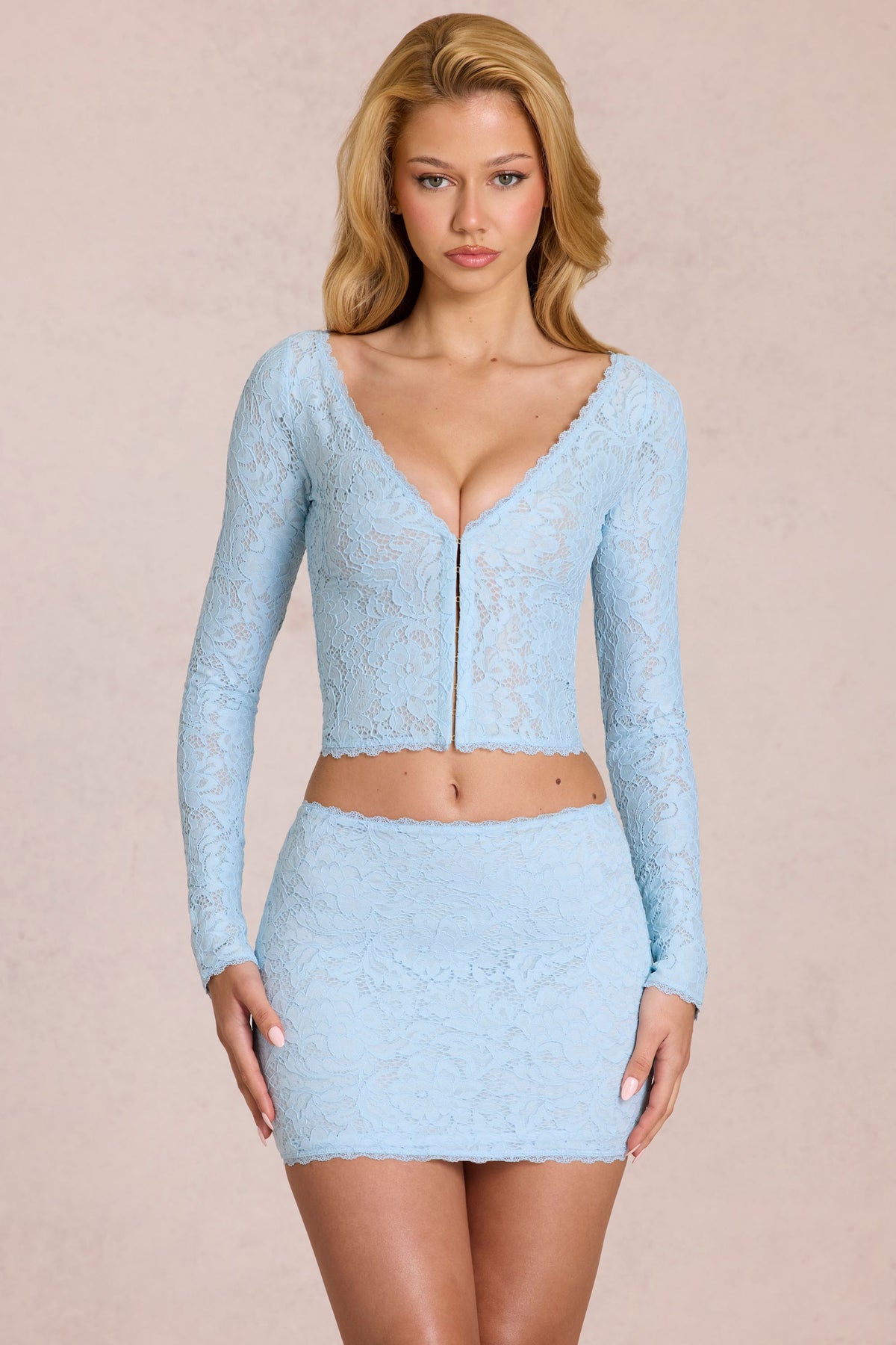Lace Plunge Cardigan  in Powder Blue