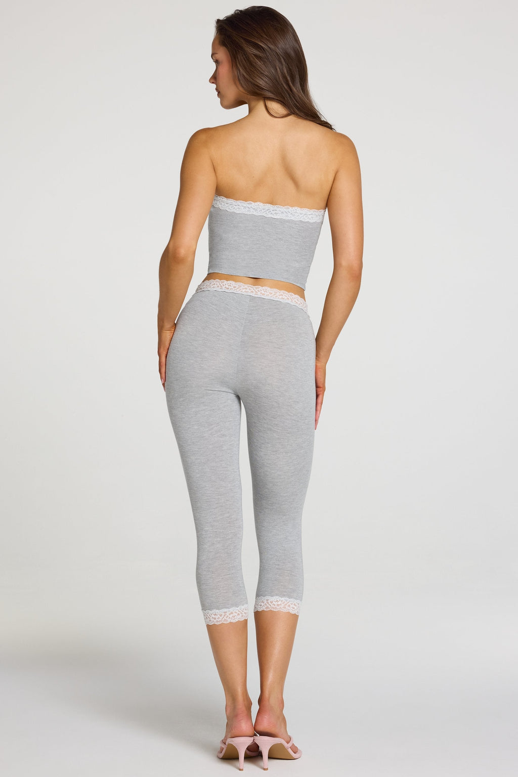 Modal Lace-Trim Mid-Rise Capri Leggings in Grey Marl
