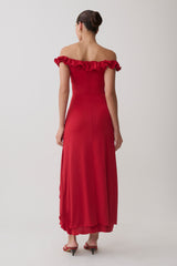 Allegra Off Shoulder Ruffle Midi Dress - Ruby