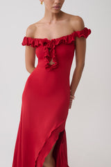 Allegra Off Shoulder Ruffle Midi Dress - Ruby