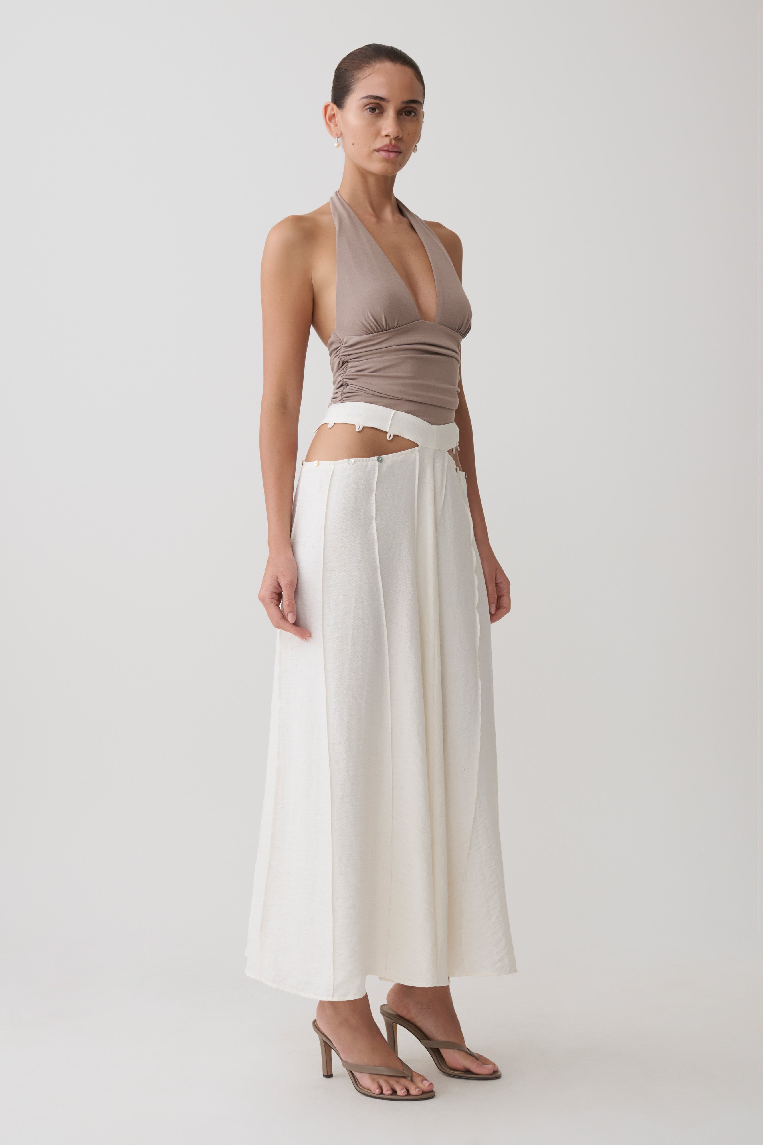 Claire Pearl Button Midi Skirt - White