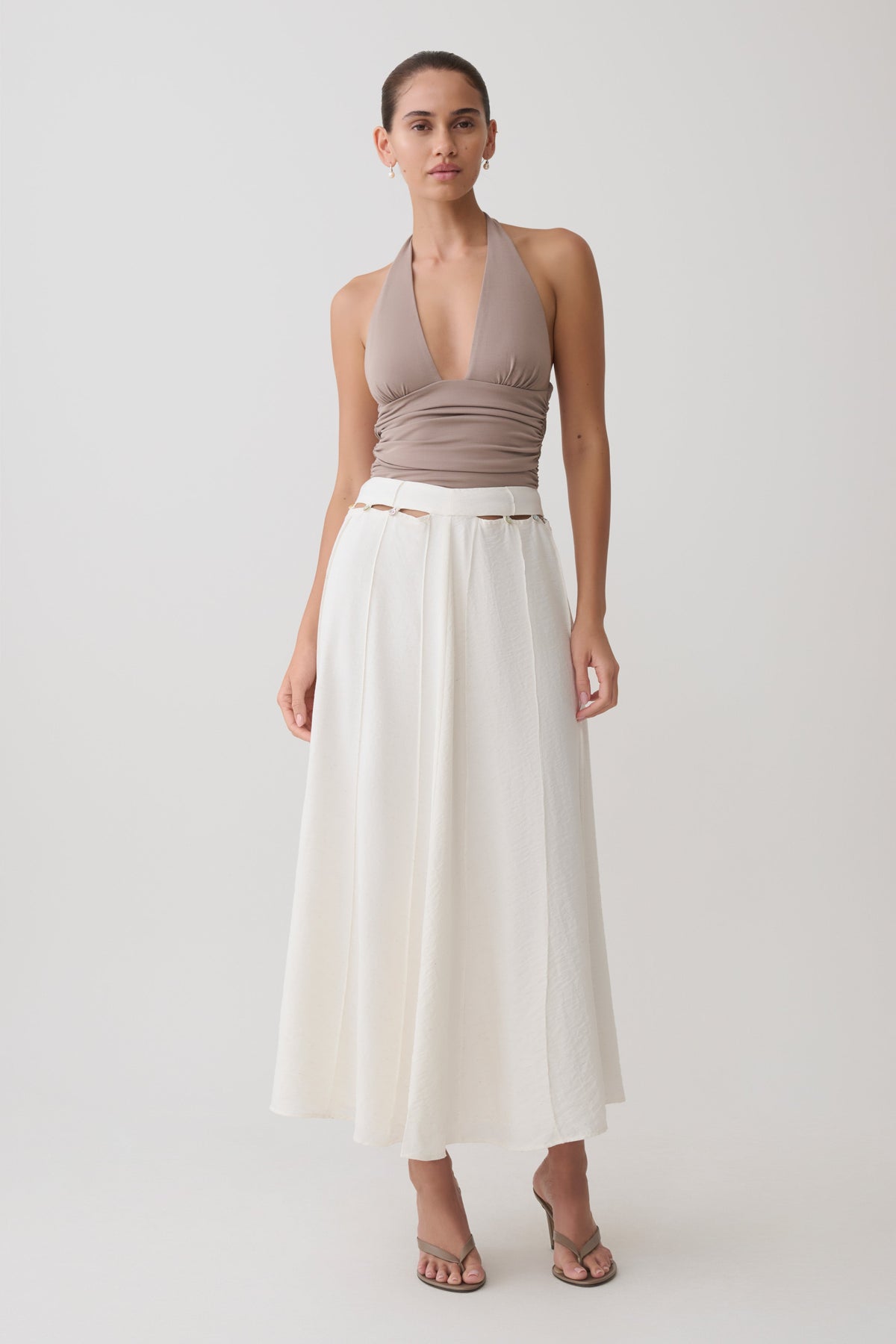 Claire Pearl Button Midi Skirt - White