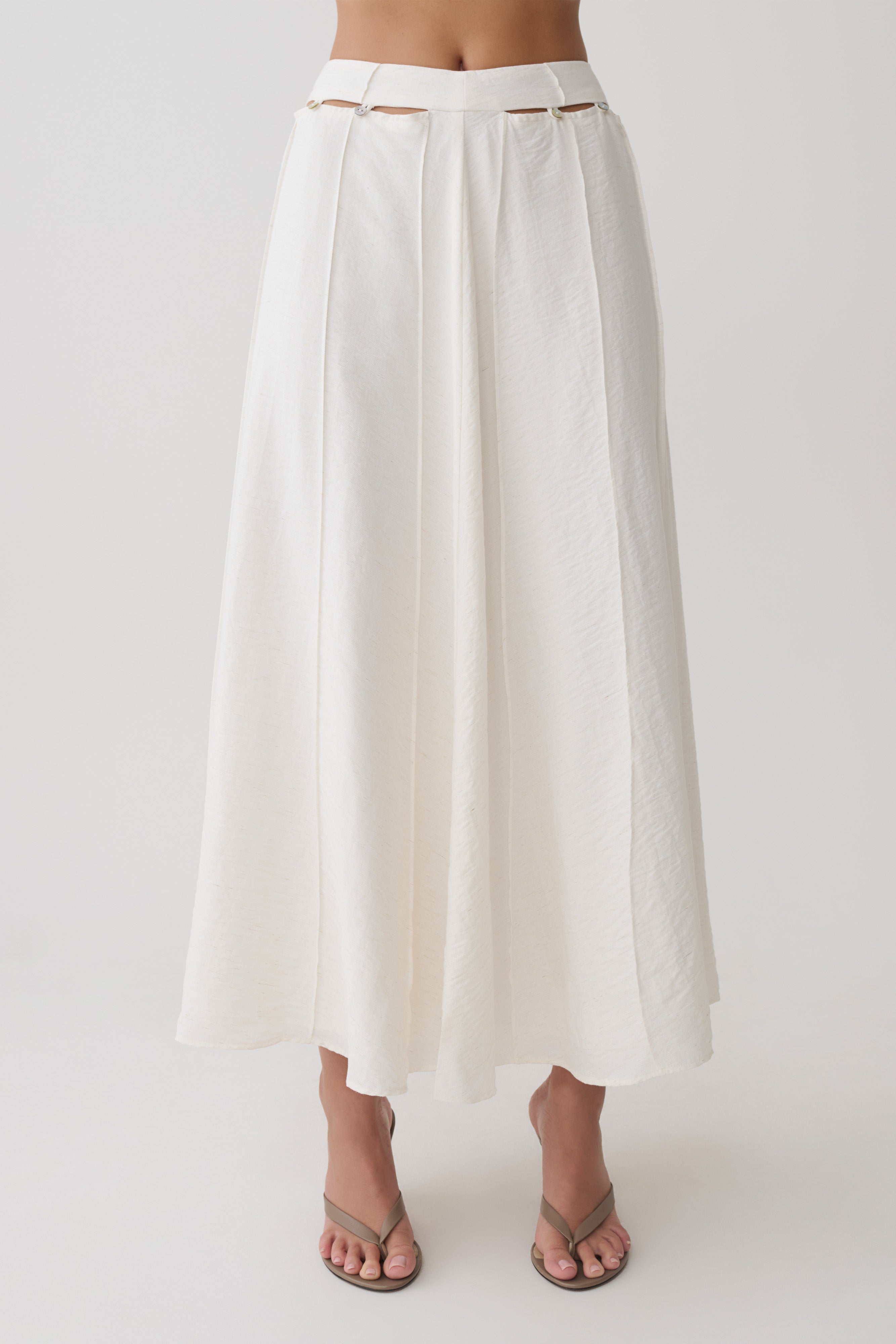 Claire Pearl Button Midi Skirt - White