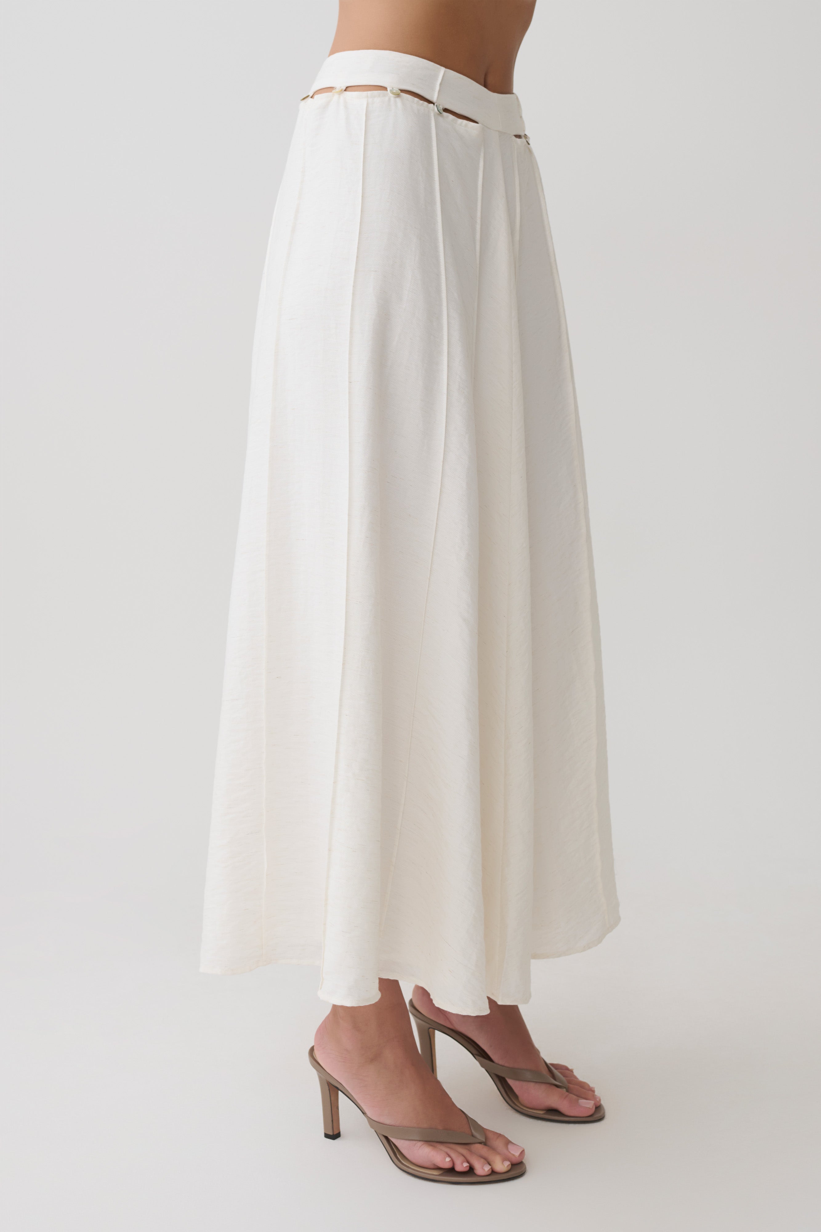 Claire Pearl Button Midi Skirt - White