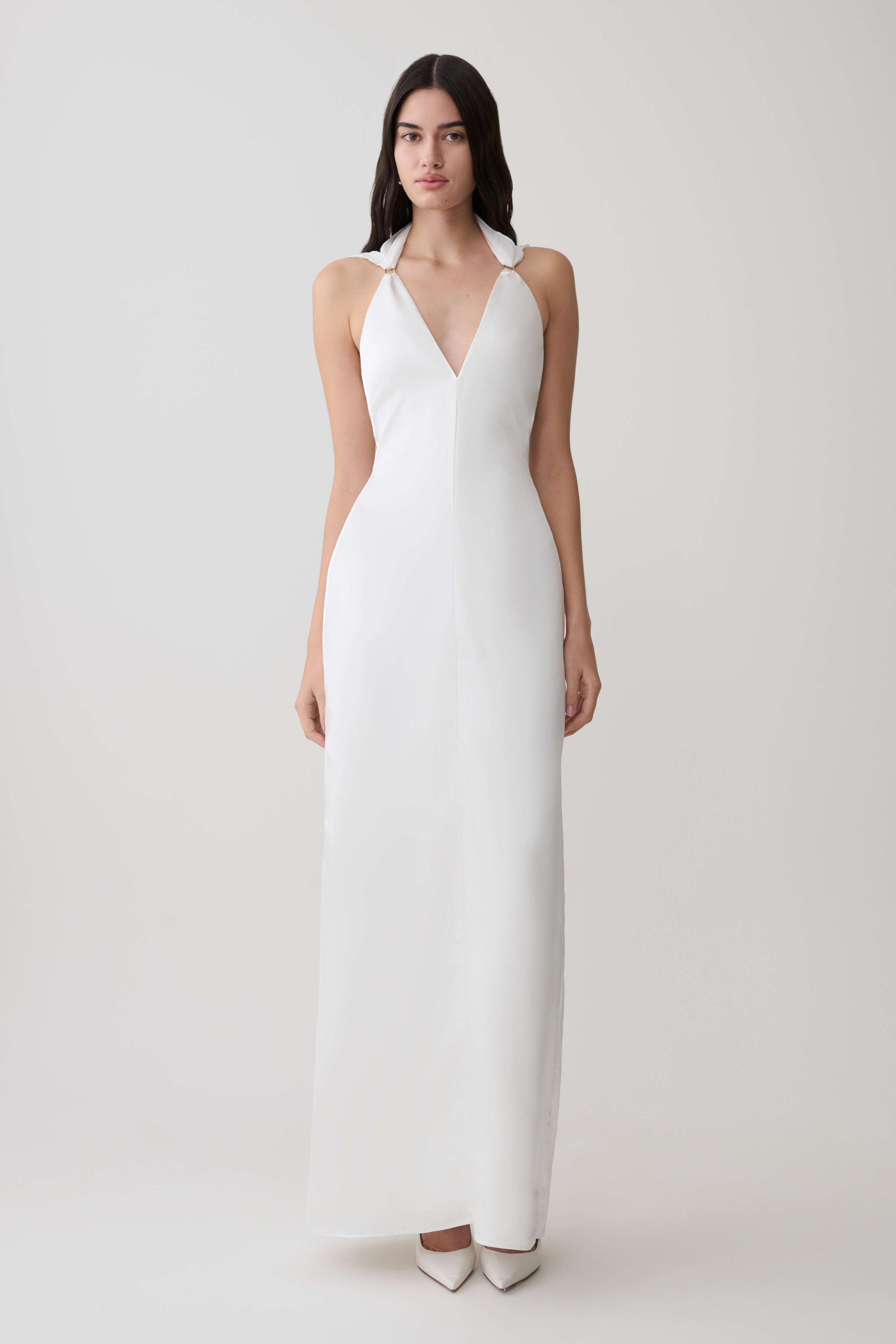 Myla Draped Shoulders Satin Maxi Dress - White