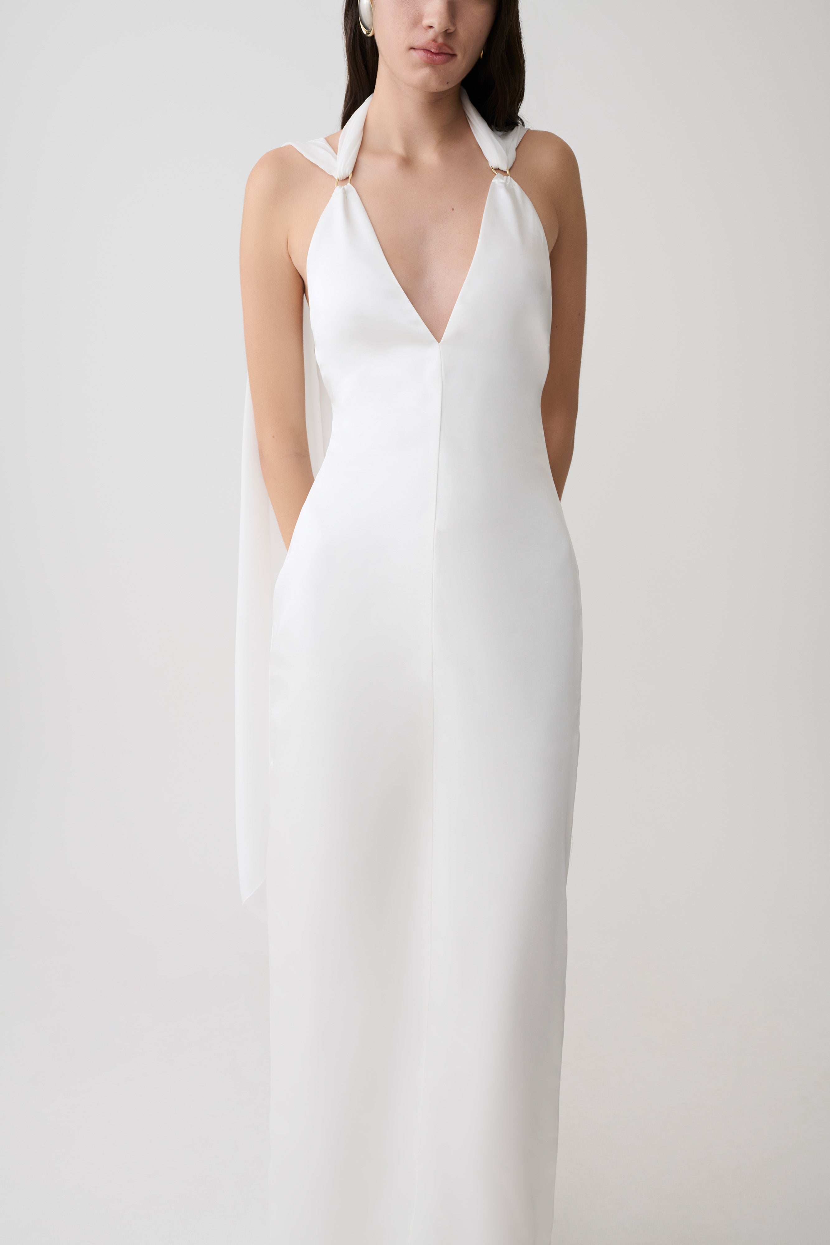 Myla Draped Shoulders Satin Maxi Dress - White