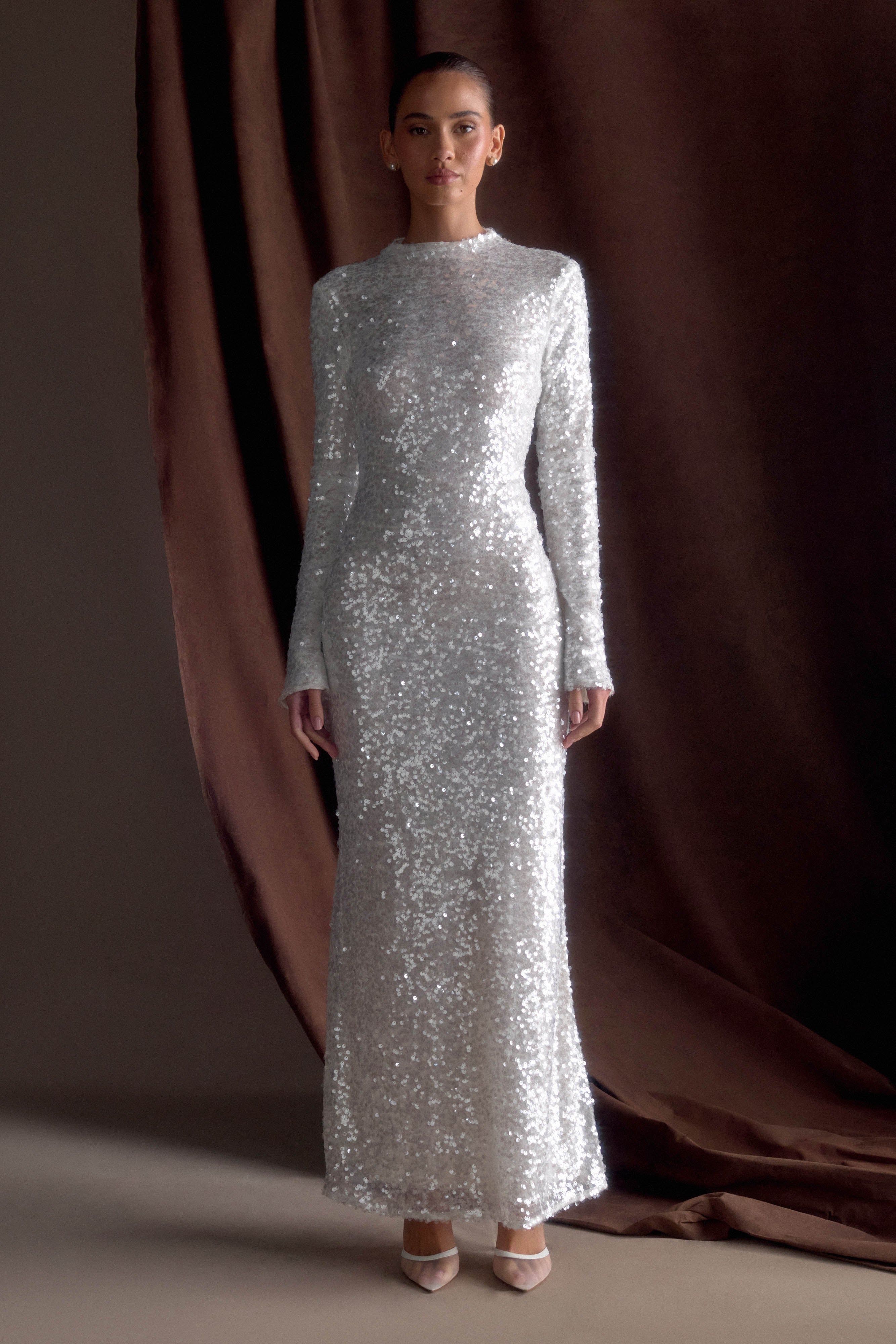 Sofia Long Sleeve Sequin Maxi Dress - White