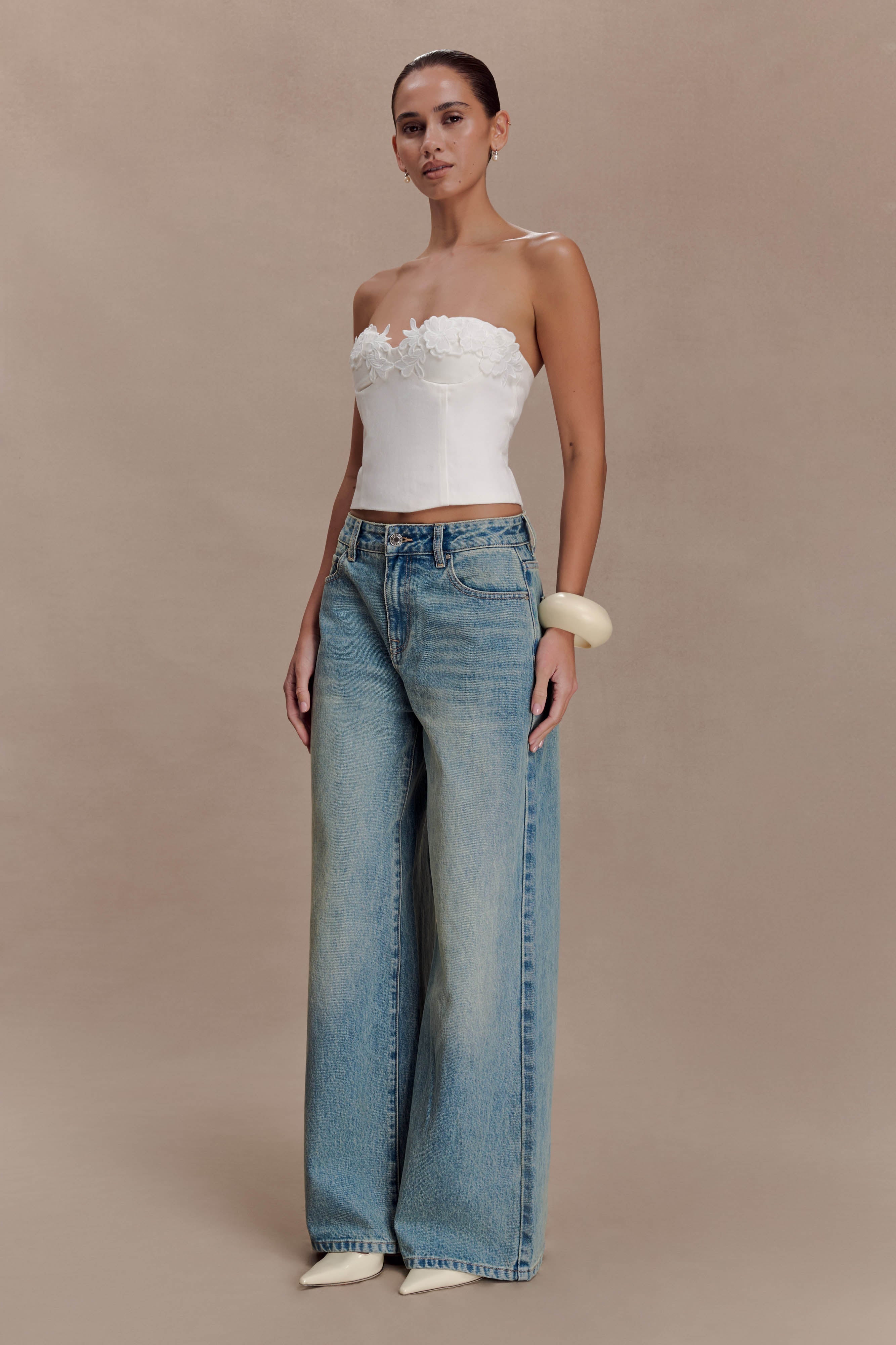 Melany Applique Denim Bustier - White