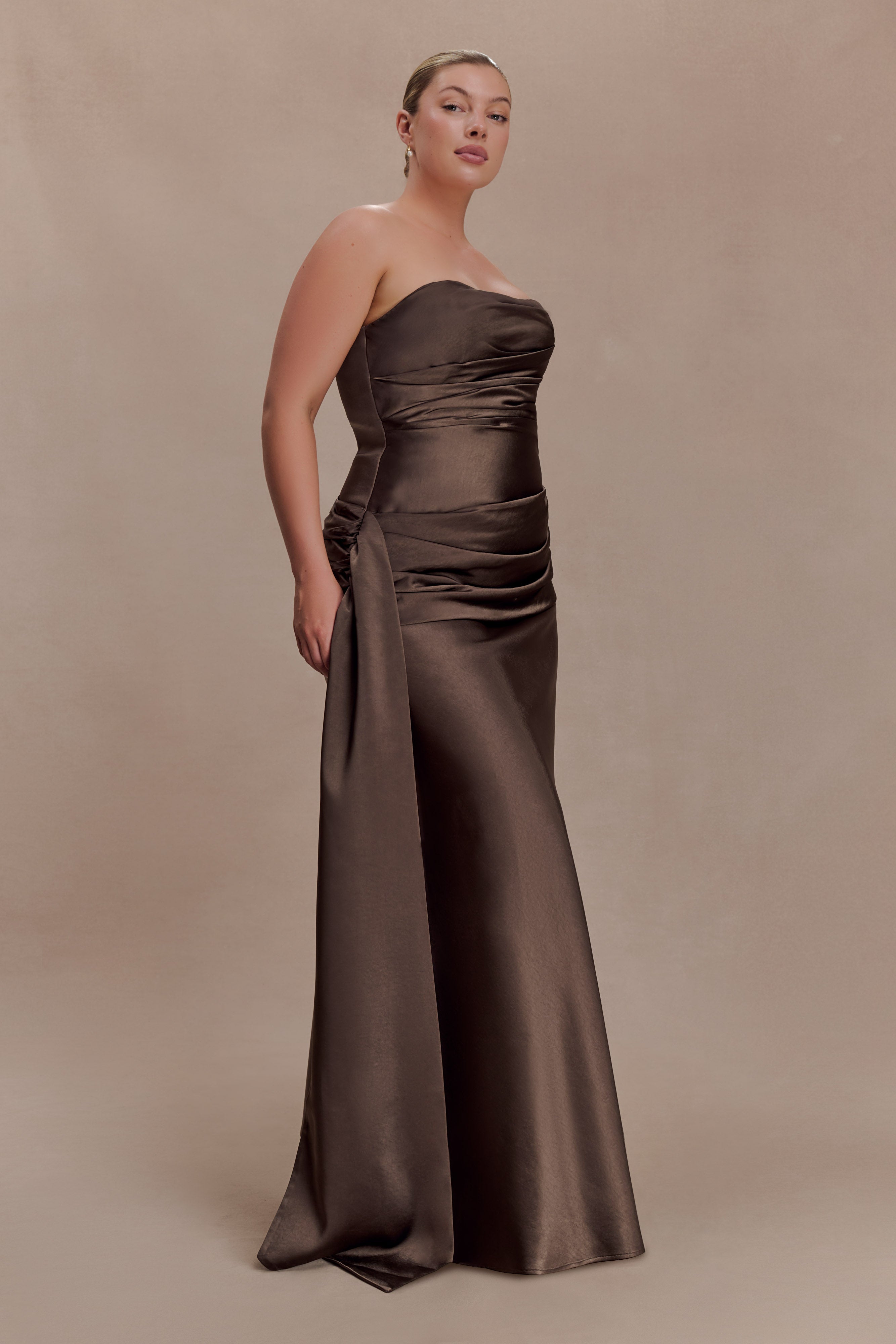 Sarah Strapless Maxi Dress With Waist Tie - Mocha