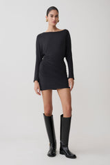 Thao Long Sleeve Gathered Mini Dress - Dark Charcoal