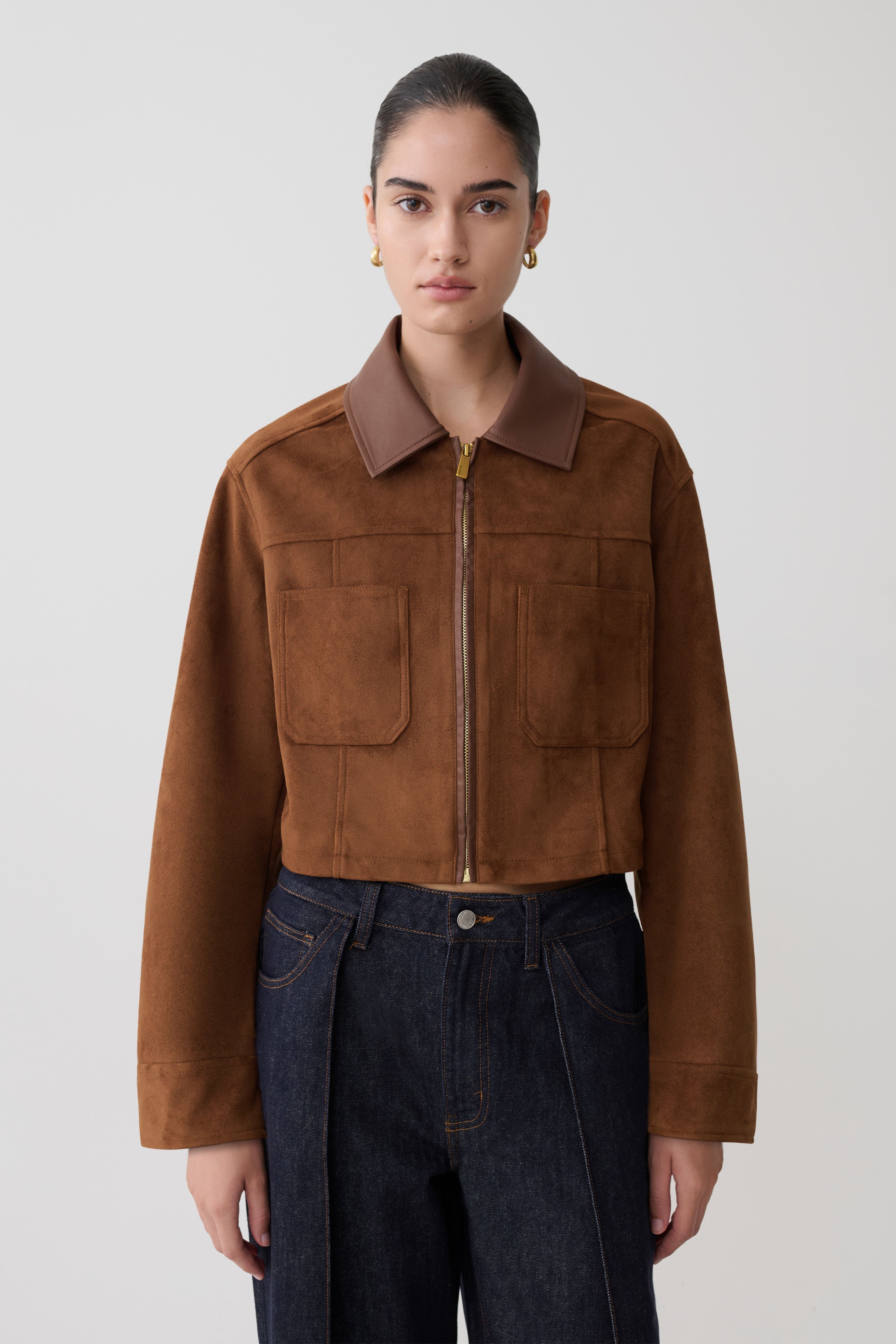Remy Faux Suede & Leather Collared Jacket - Tan