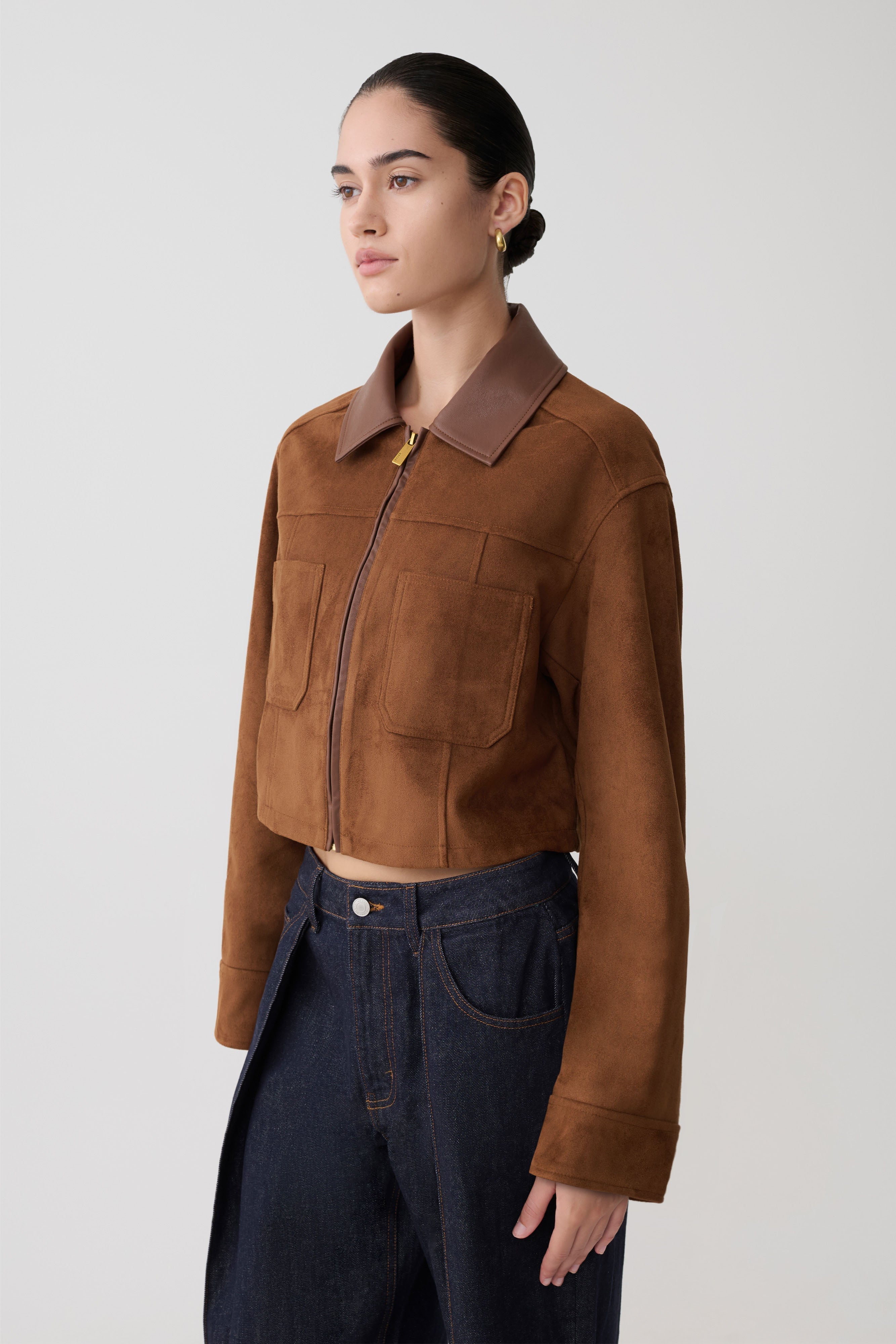 Remy Faux Suede & Leather Collared Jacket - Tan