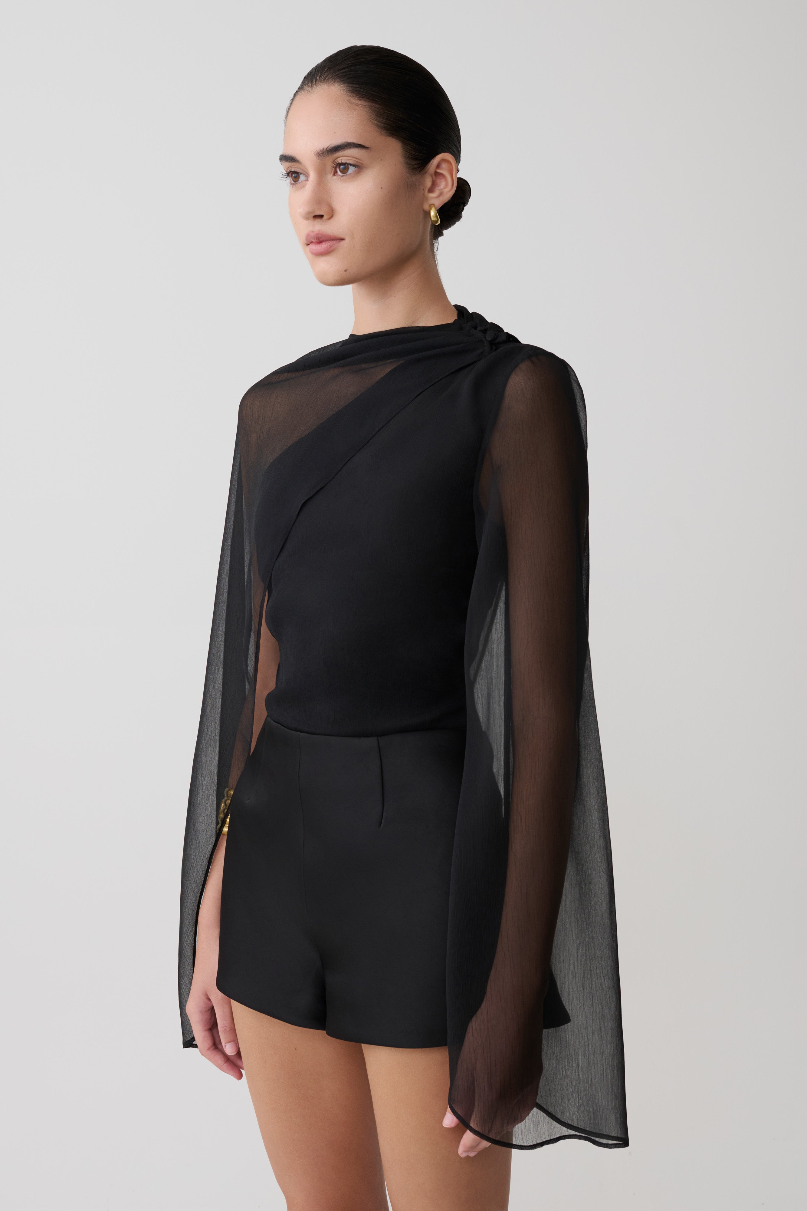 Ida Sheer Asymmetrical Long Sleeve Cape - Black