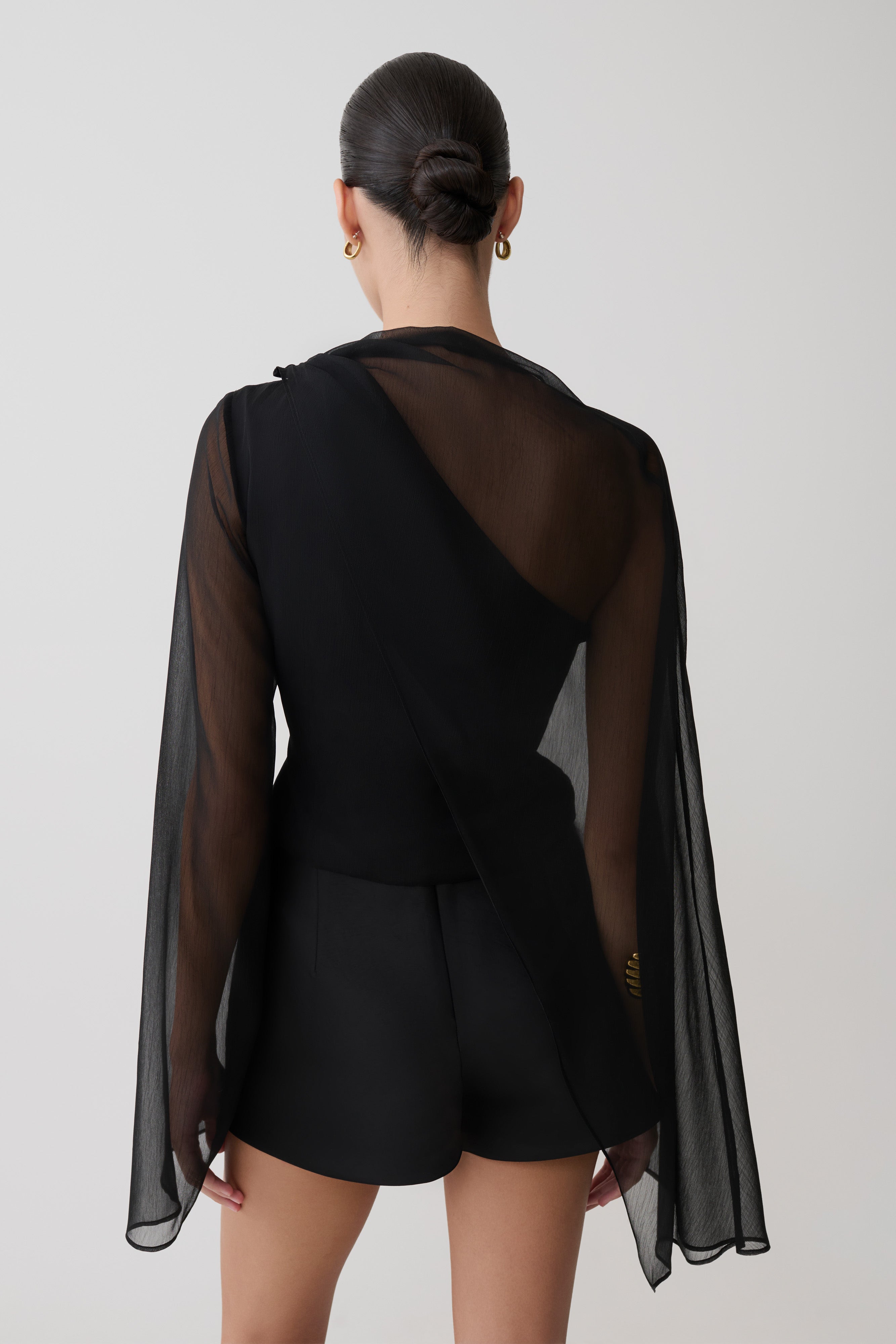 Ida Sheer Asymmetrical Long Sleeve Cape - Black