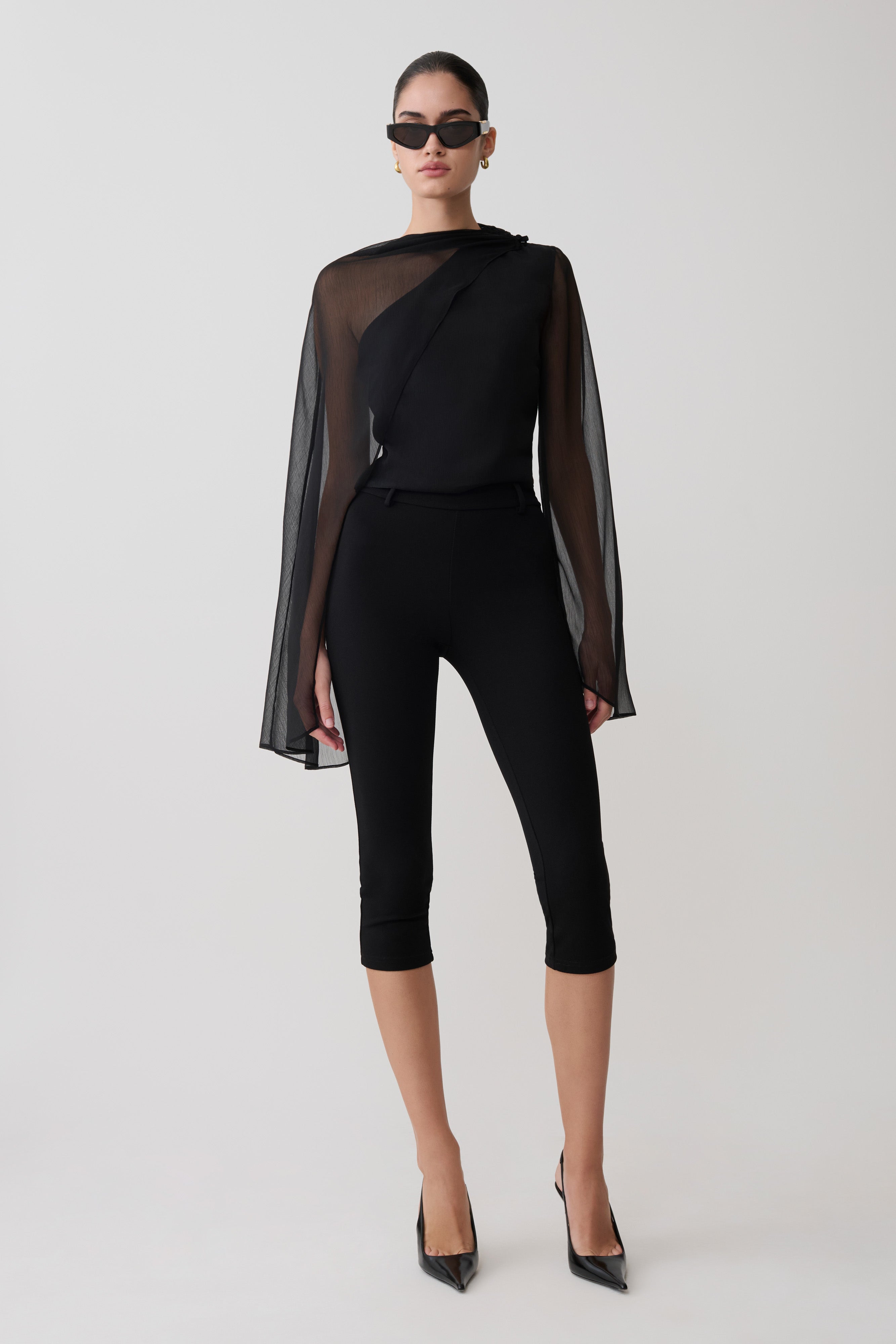 Ida Sheer Asymmetrical Long Sleeve Cape - Black