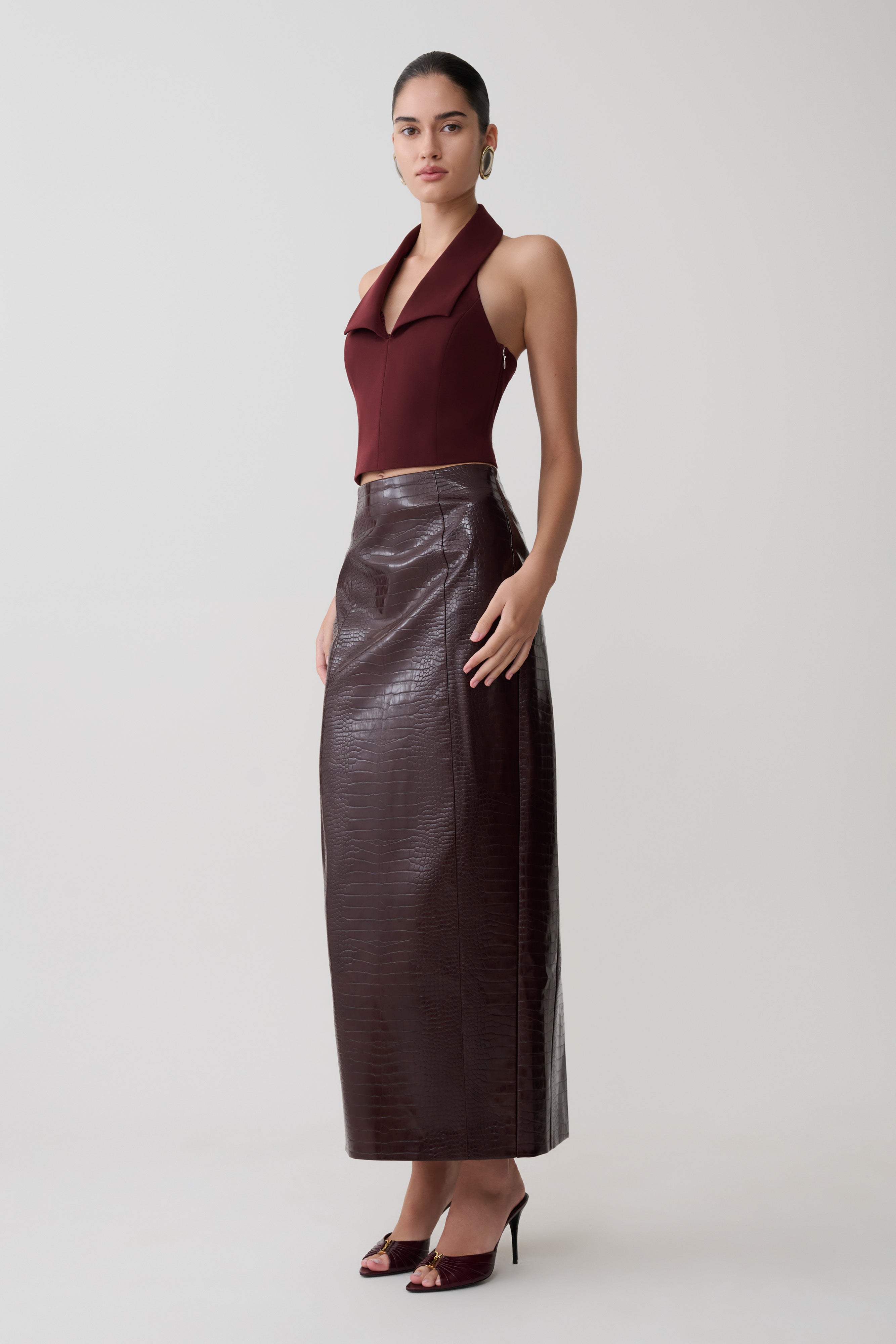 Thalia Croc Faux Leather Midi Skirt - Merlot