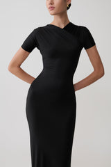 Junie Cross-Over Neck Slinky Maxi Dress - Black