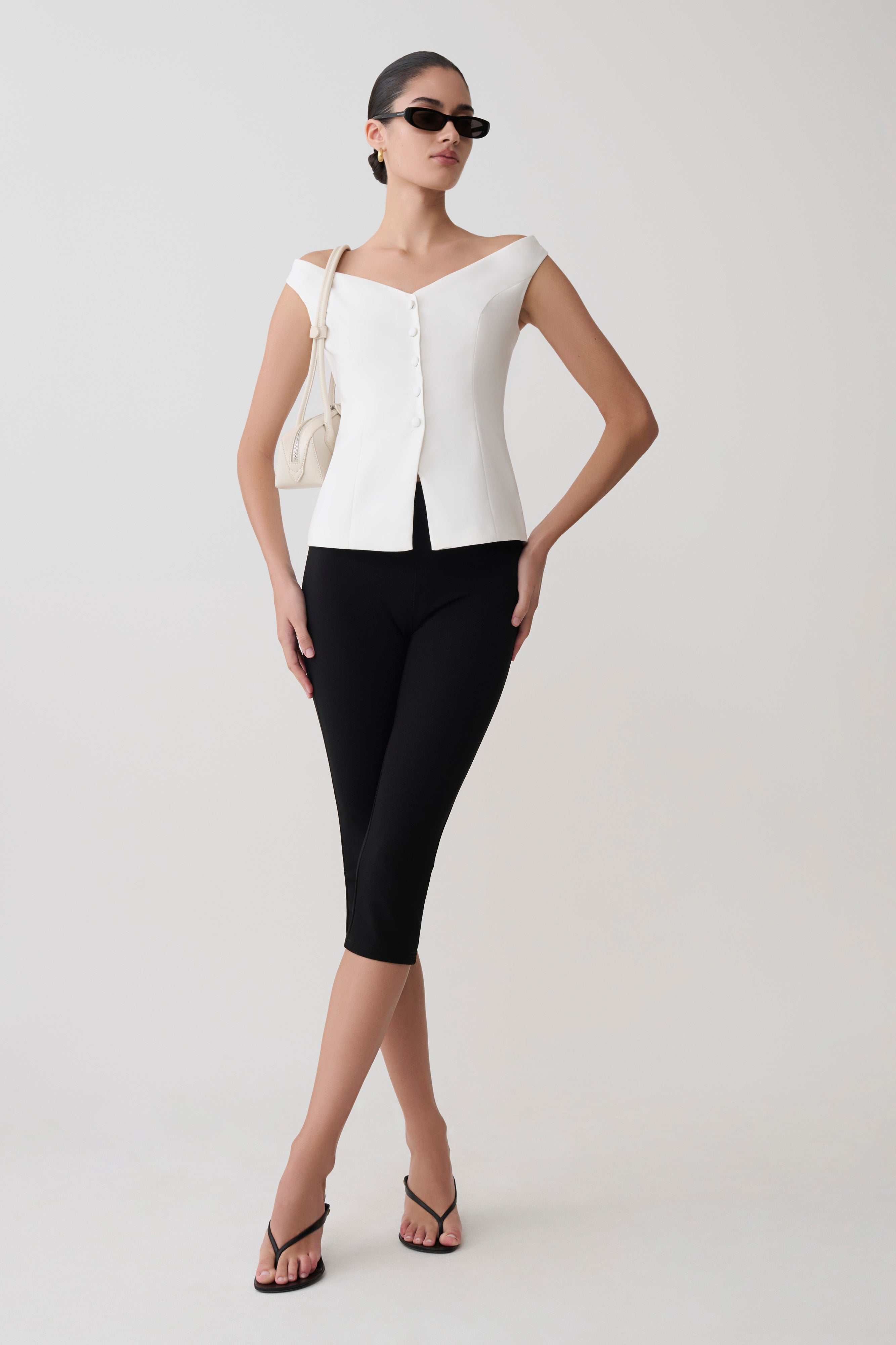 Billie Off Shoulder Sleeveless Button Top - White