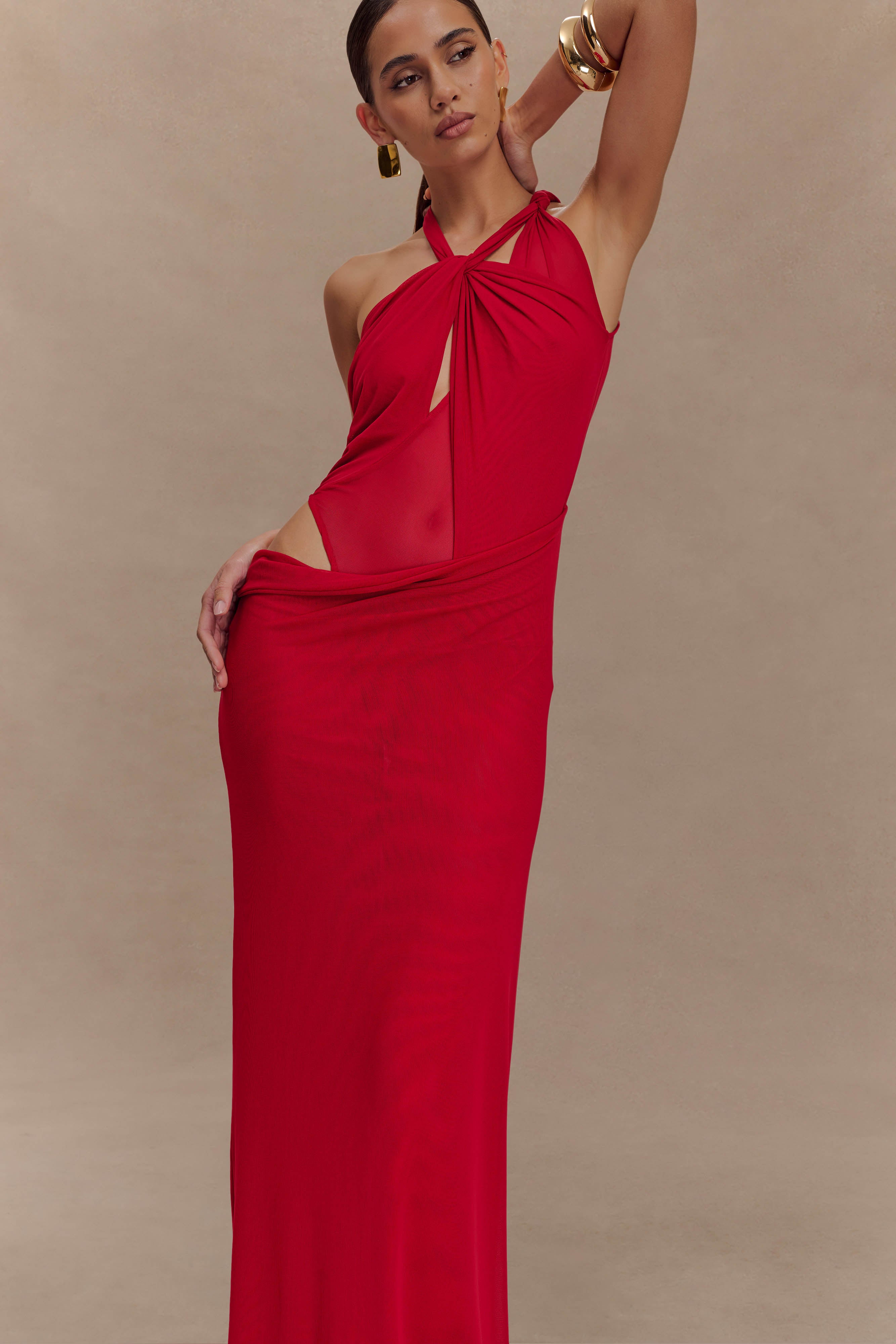 Edwina Knotted Mesh Maxi Dress - Red