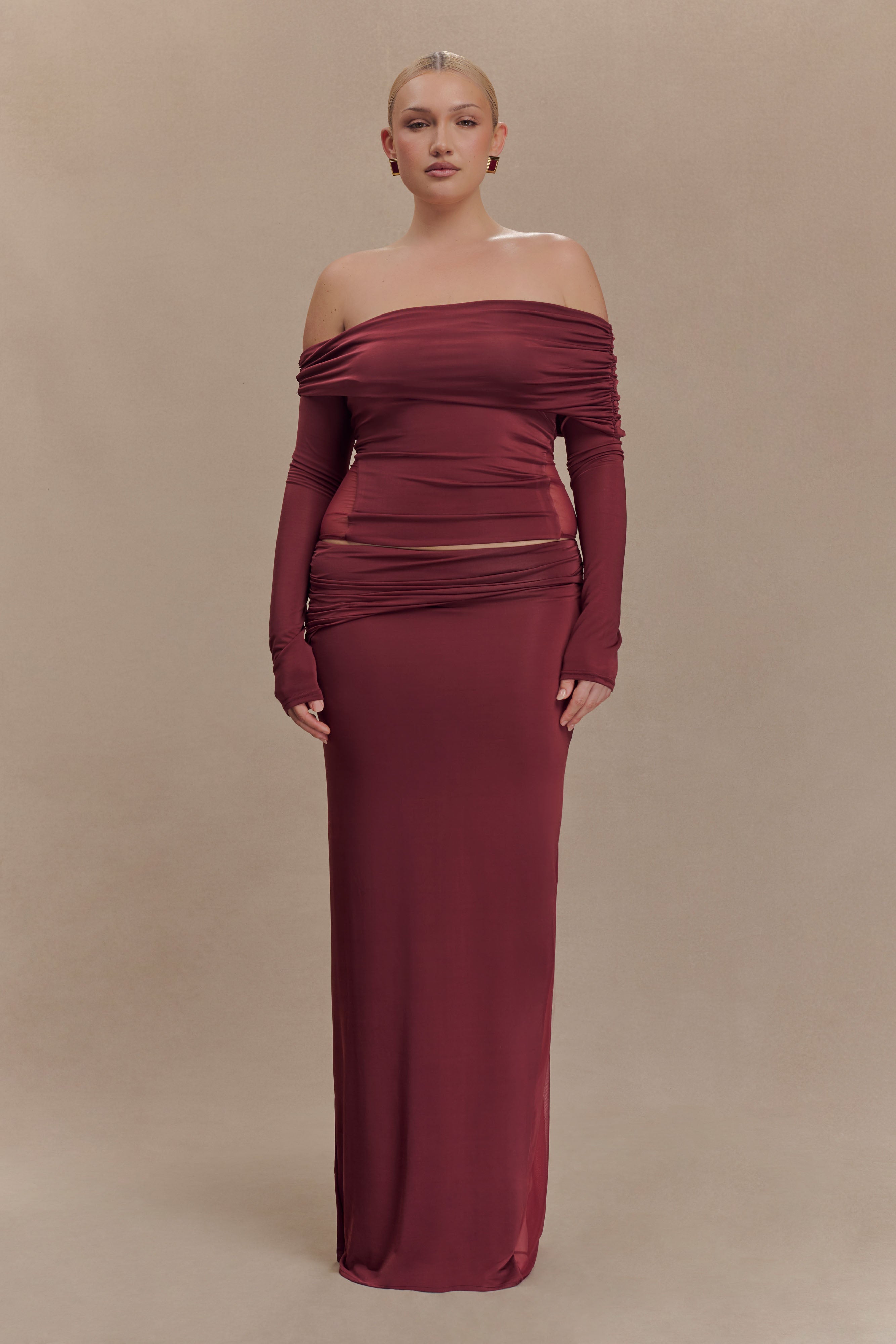 Judy Slinky And Mesh Off Shoulder Top - Wine
