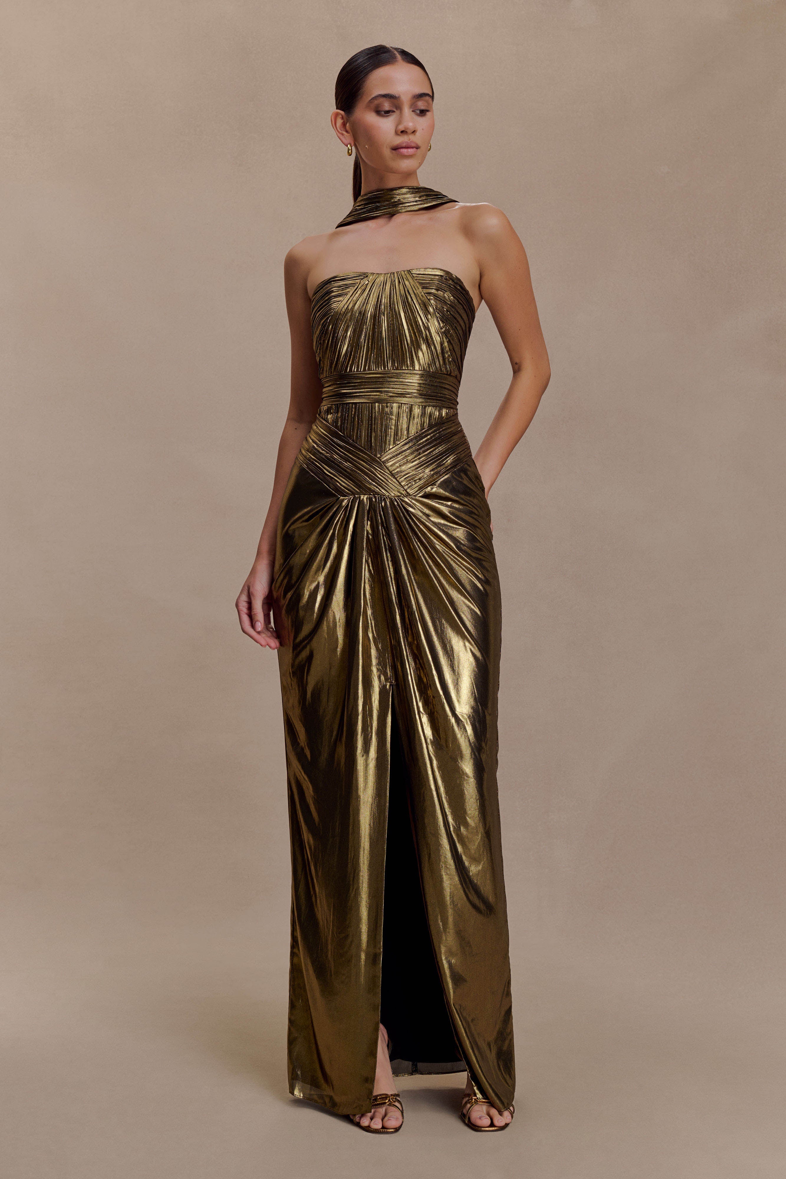 Clemence Plisse Maxi Dress - Gold