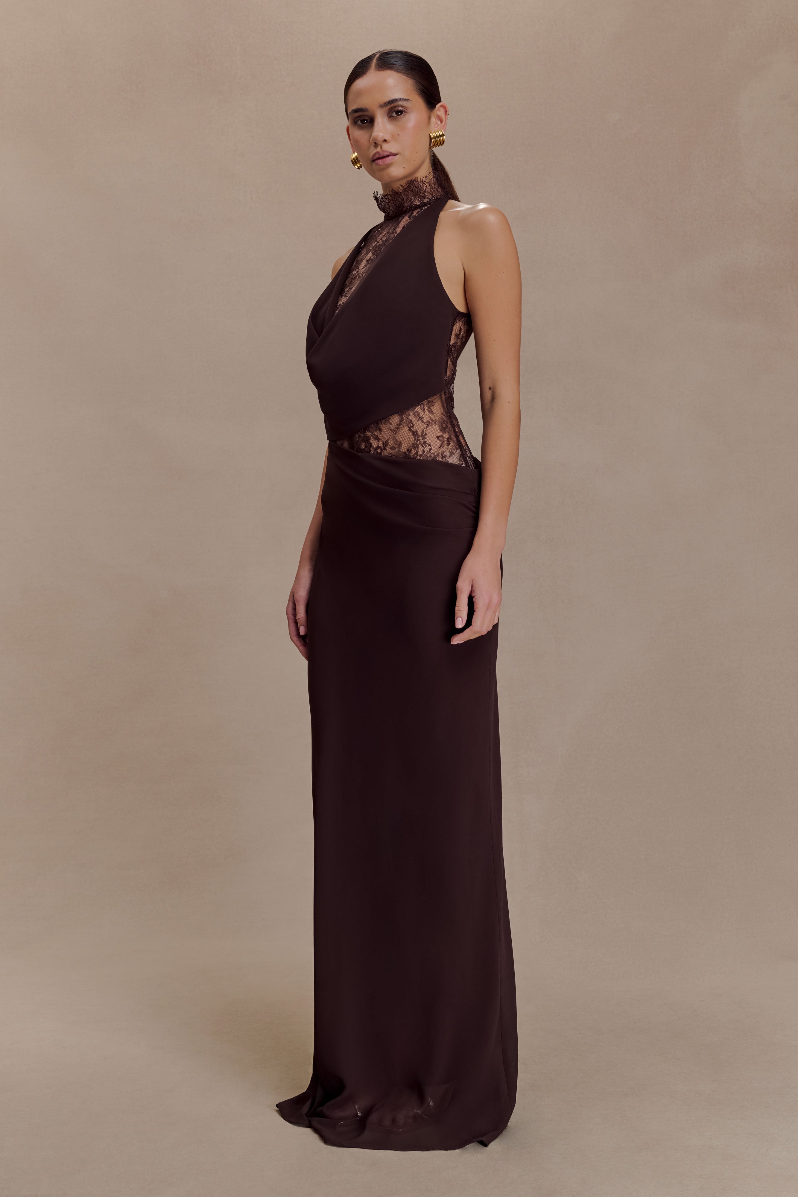Arra Chiffon And Lace Halter Maxi Dress - Cacao Brown