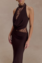 Arra Chiffon And Lace Halter Maxi Dress - Cacao Brown