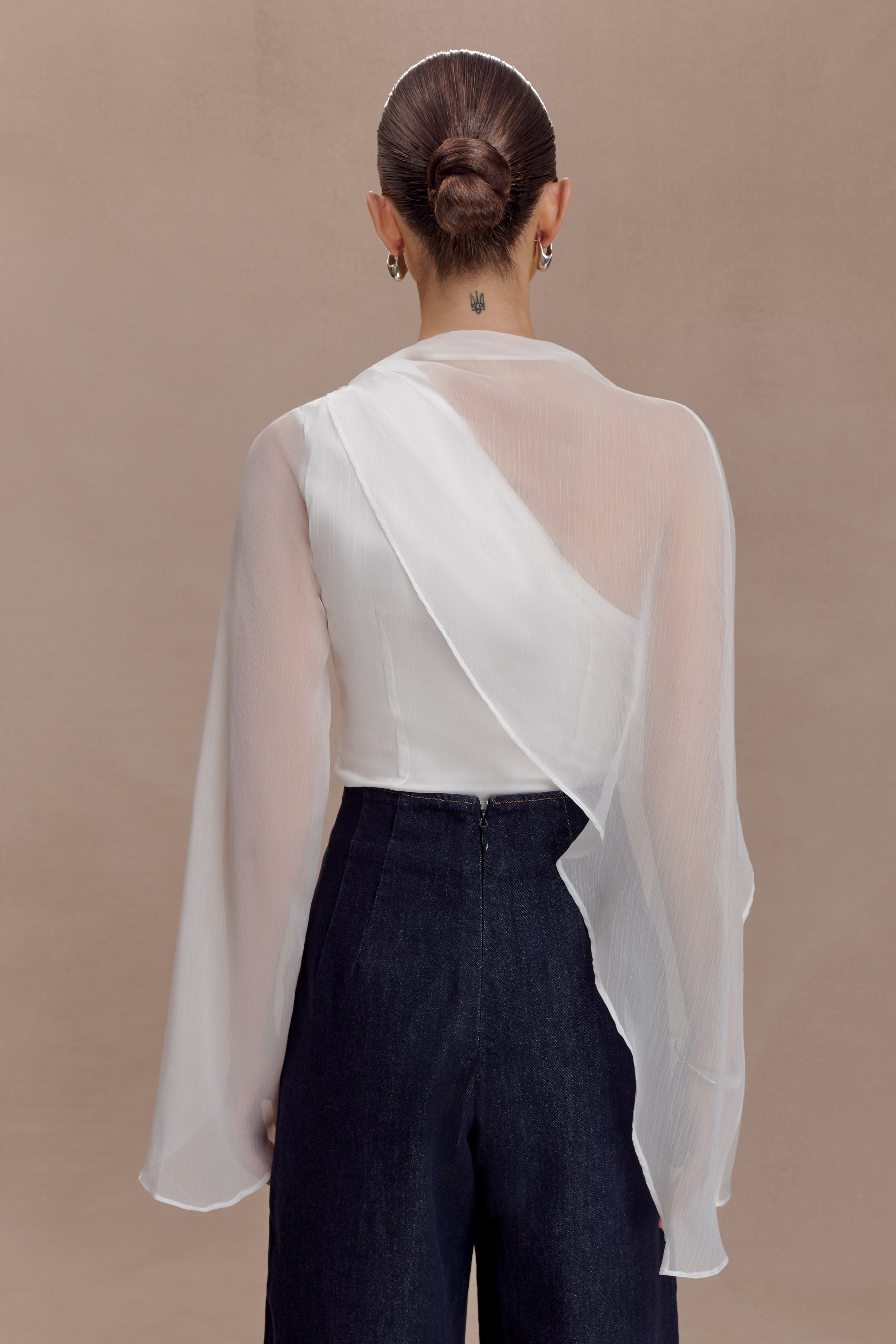 Ida Sheer Asymmetrical Long Sleeve Cape - White