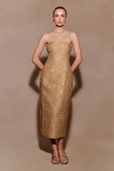 Gala Strapless Tweed Midi Dress - Gold