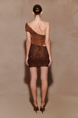 Paisley Slinky And Diamante Mini Dress - Chocolate