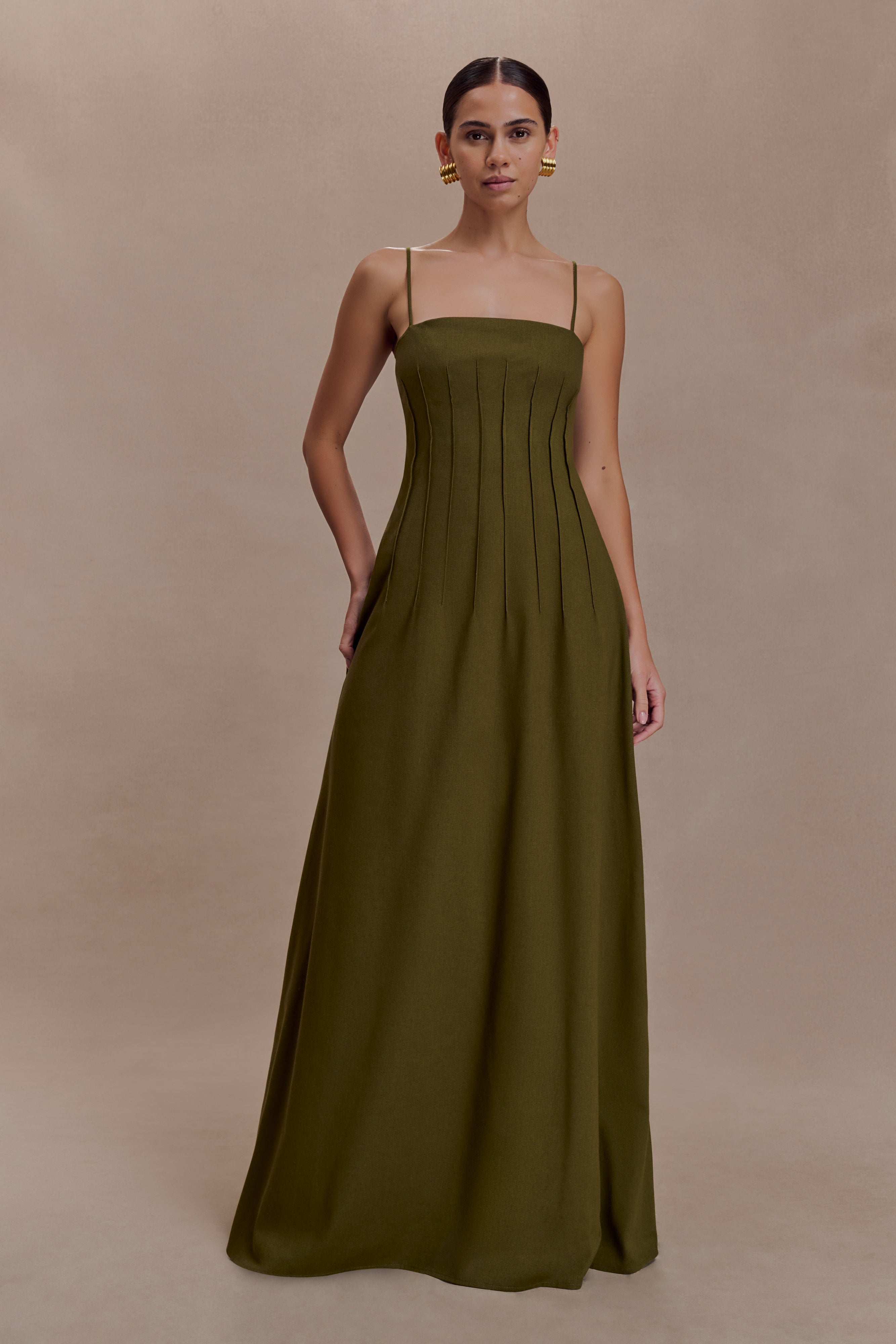 Sofie Pintuck Linen Maxi Dress - Khaki