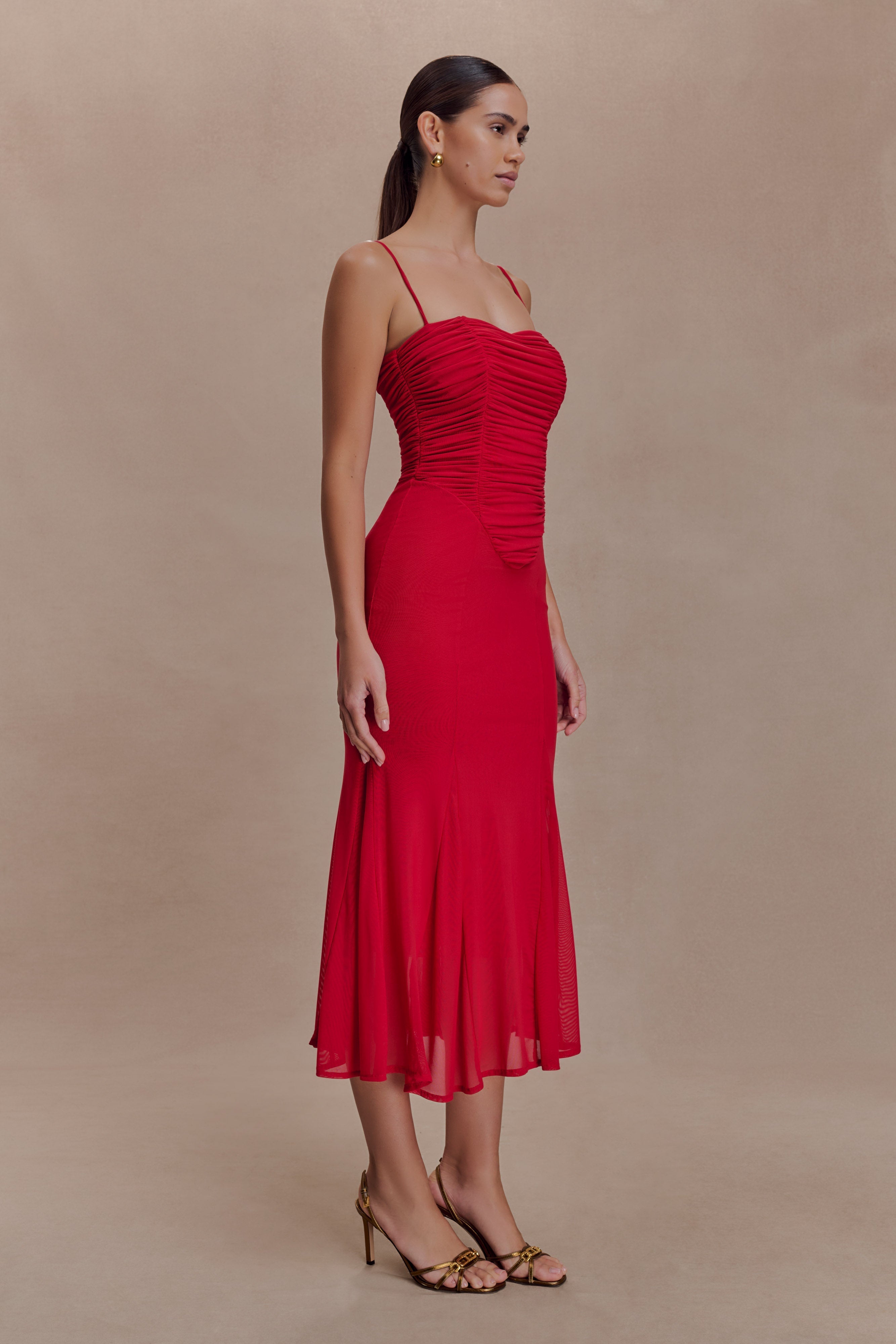 Willa Gathered Mesh Midi Dress - Ruby