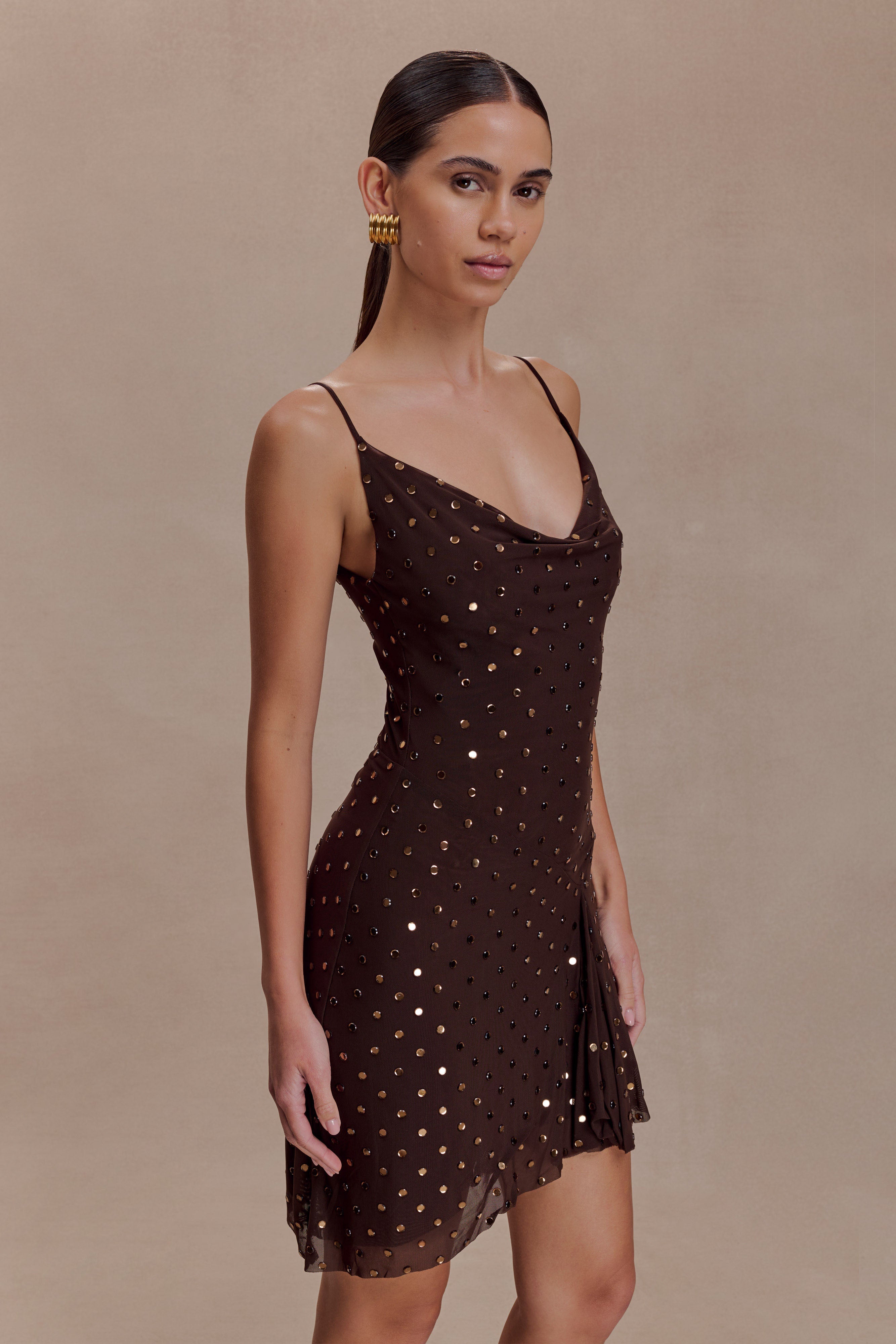 Zahra Diamante Cowl Mini Dress - Chocolate