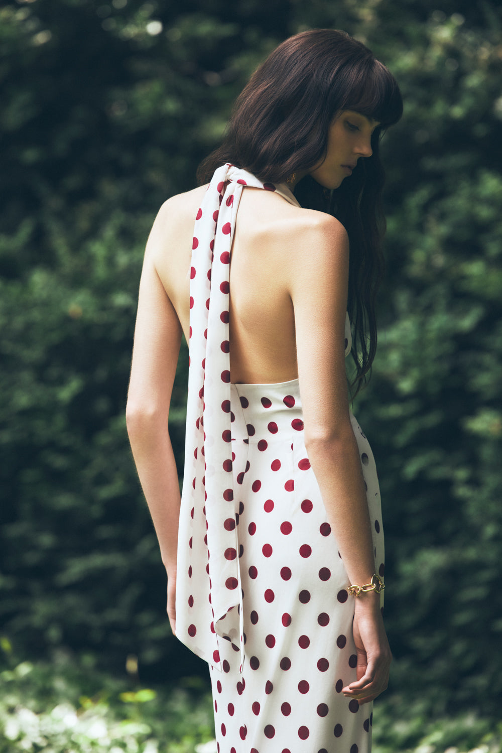 Nadine Halter Chiffon Maxi Dress - Ivory/Merlot Polka Dot