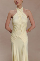 Indira Gathered Slinky Halter Maxi Dress - Lemon