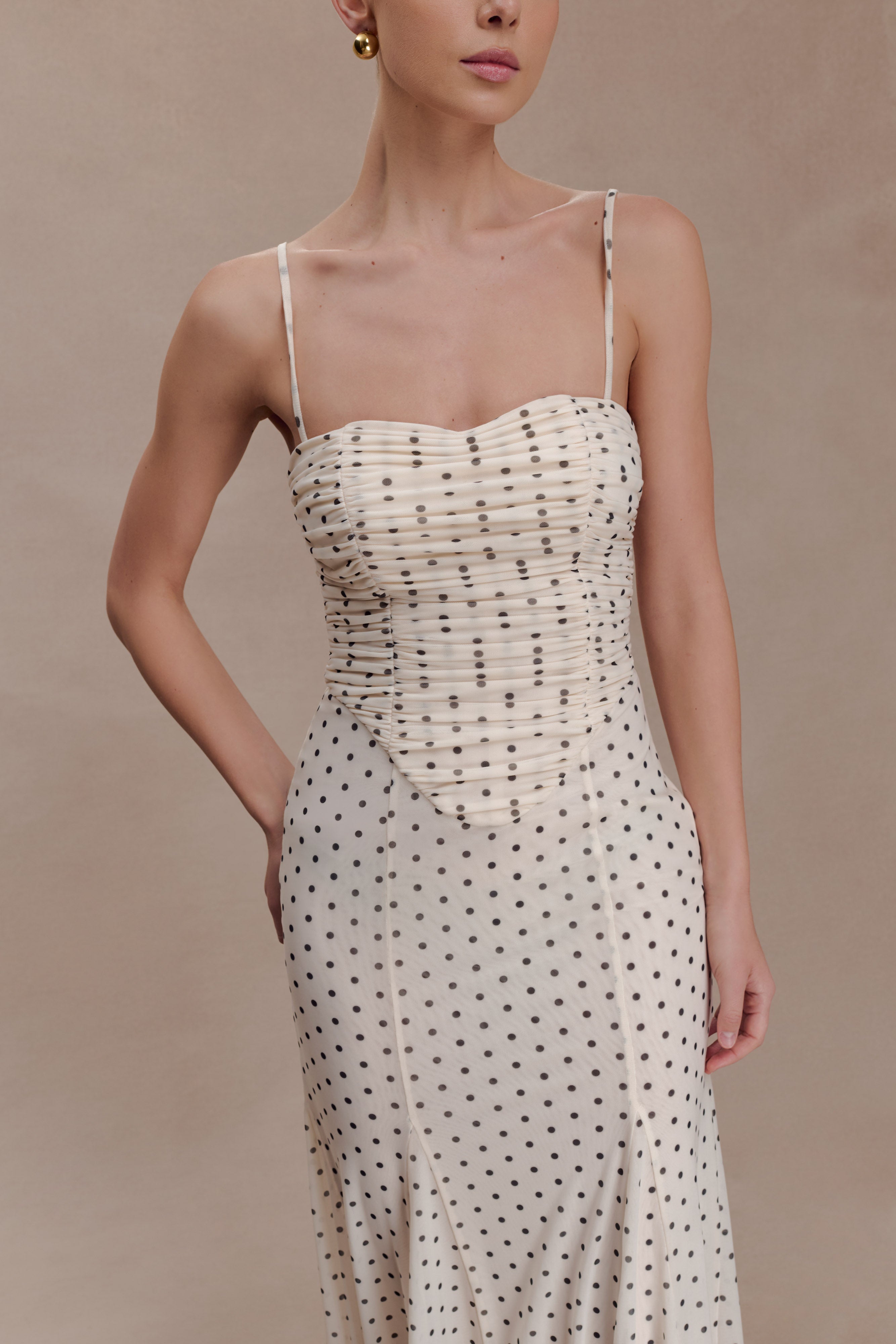 Willa Gathered Mesh Midi Dress - Polka Dot