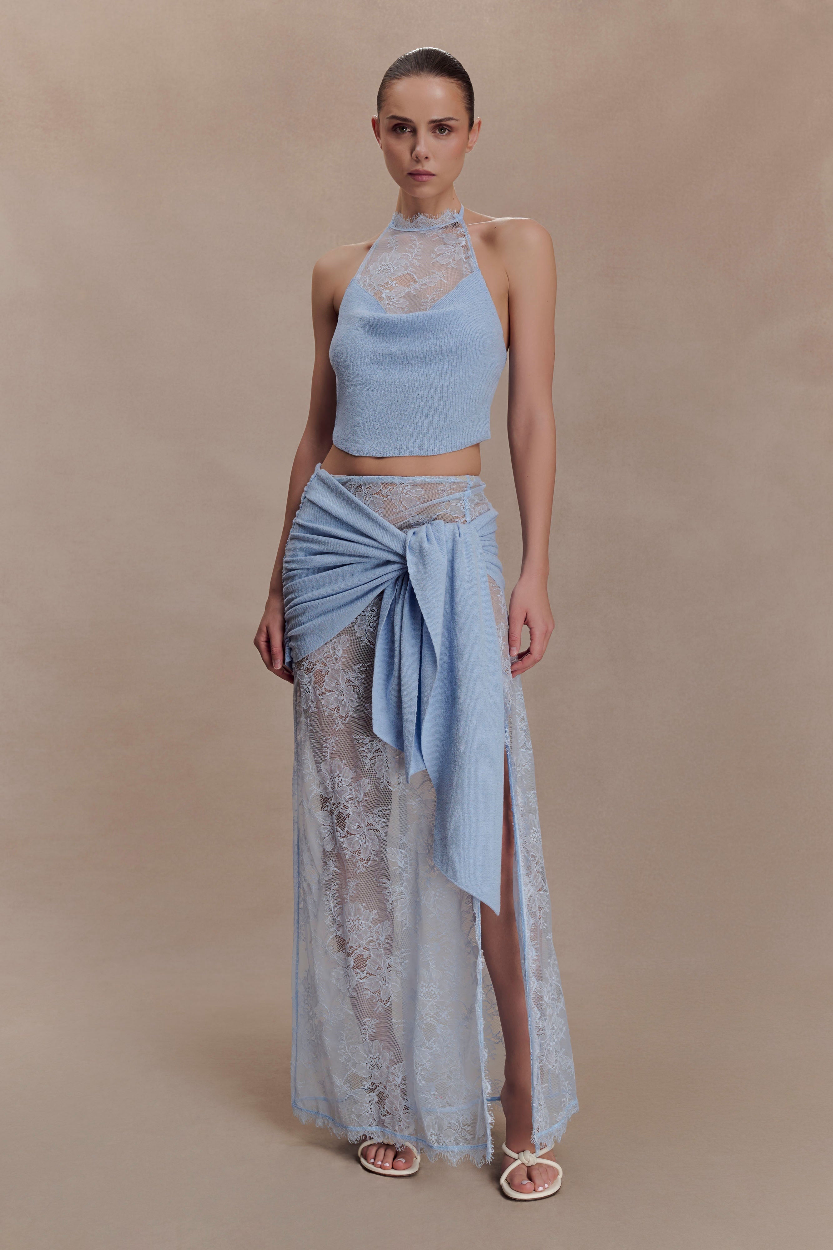 Lucy Lace And Knit Halter Top - Cornflower Blue