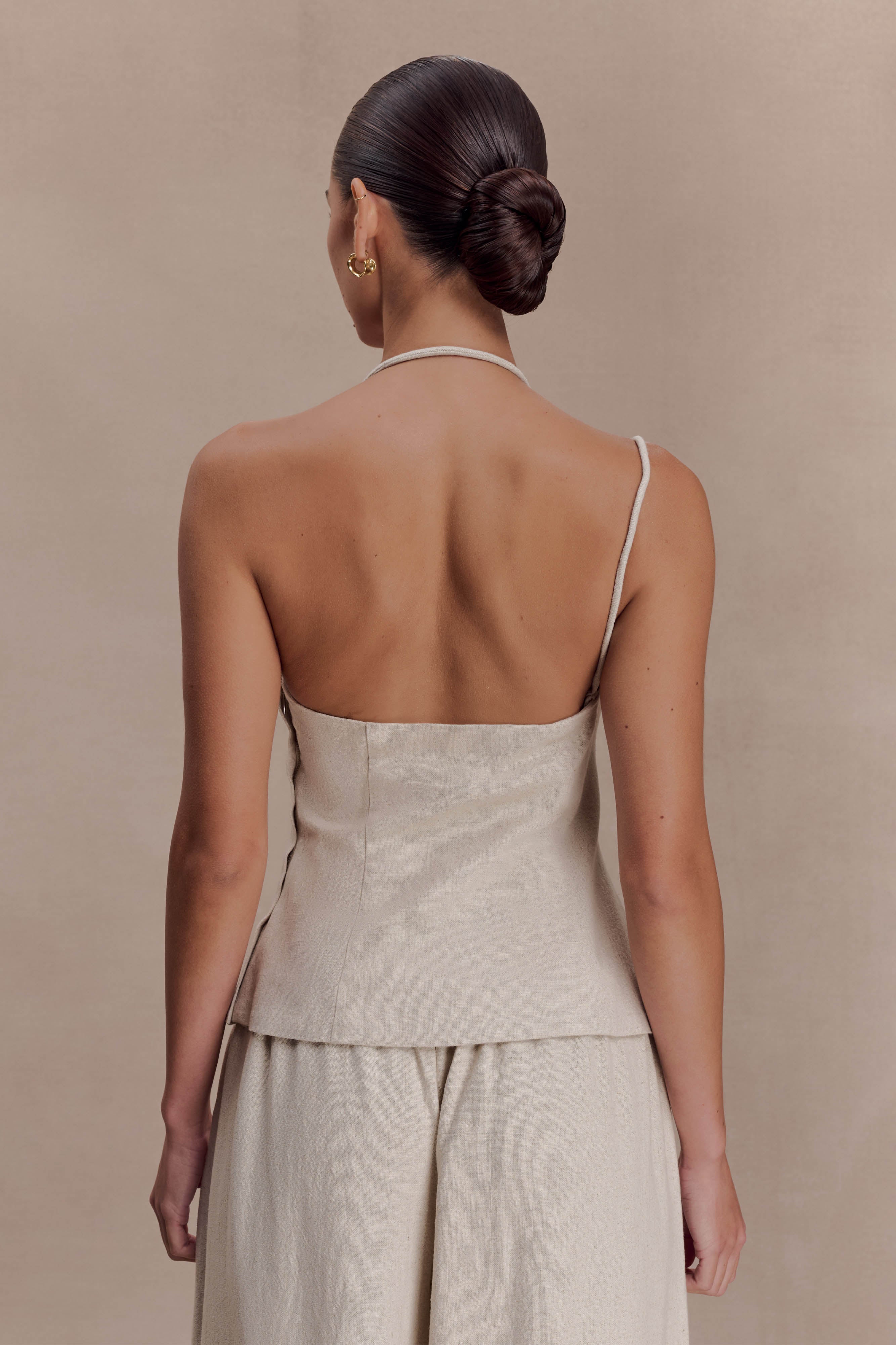Gabby Asymmetrical Neckline Linen Beaded Top - Natural
