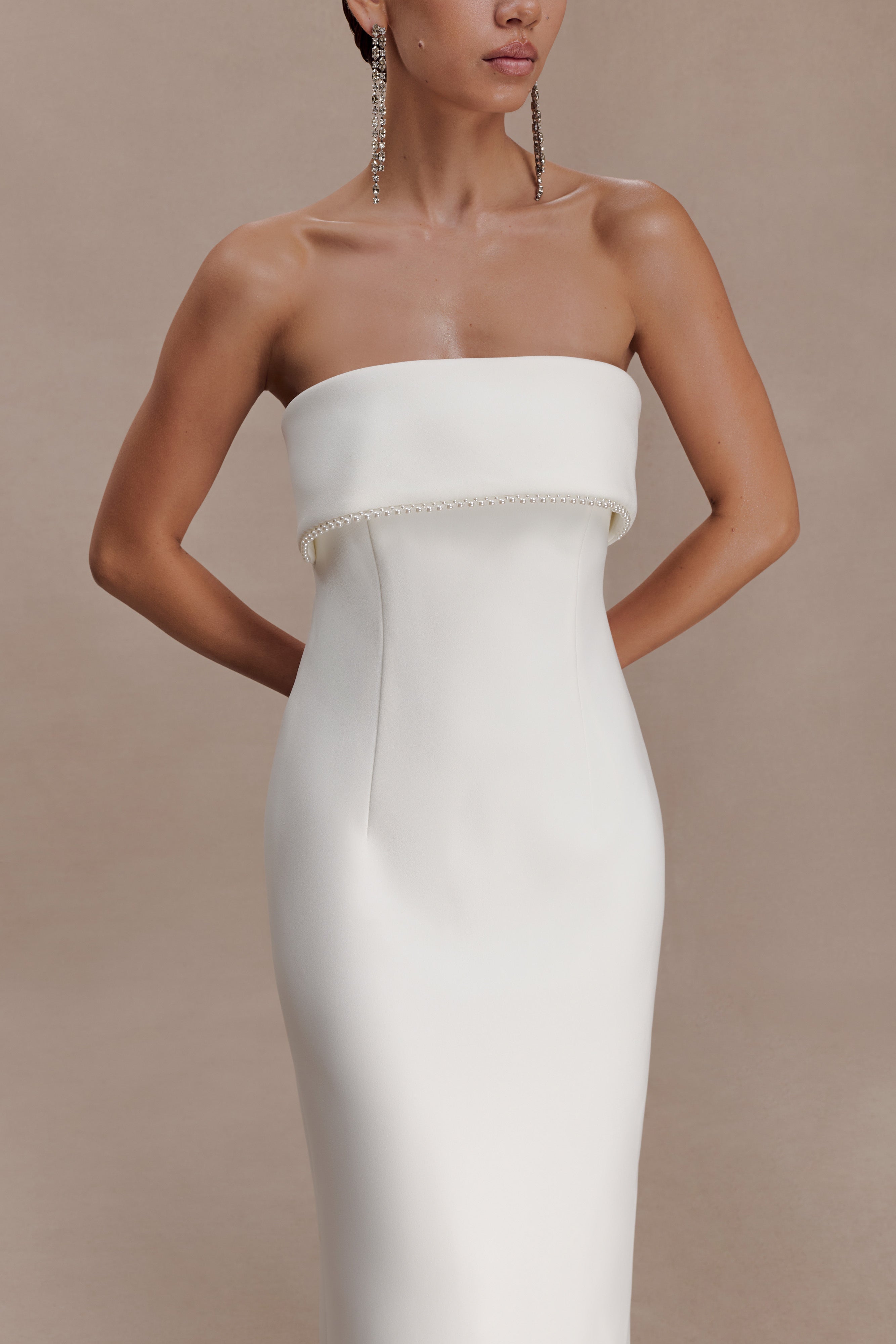 Sloane Strapless Maxi Dress With Pearls - White
