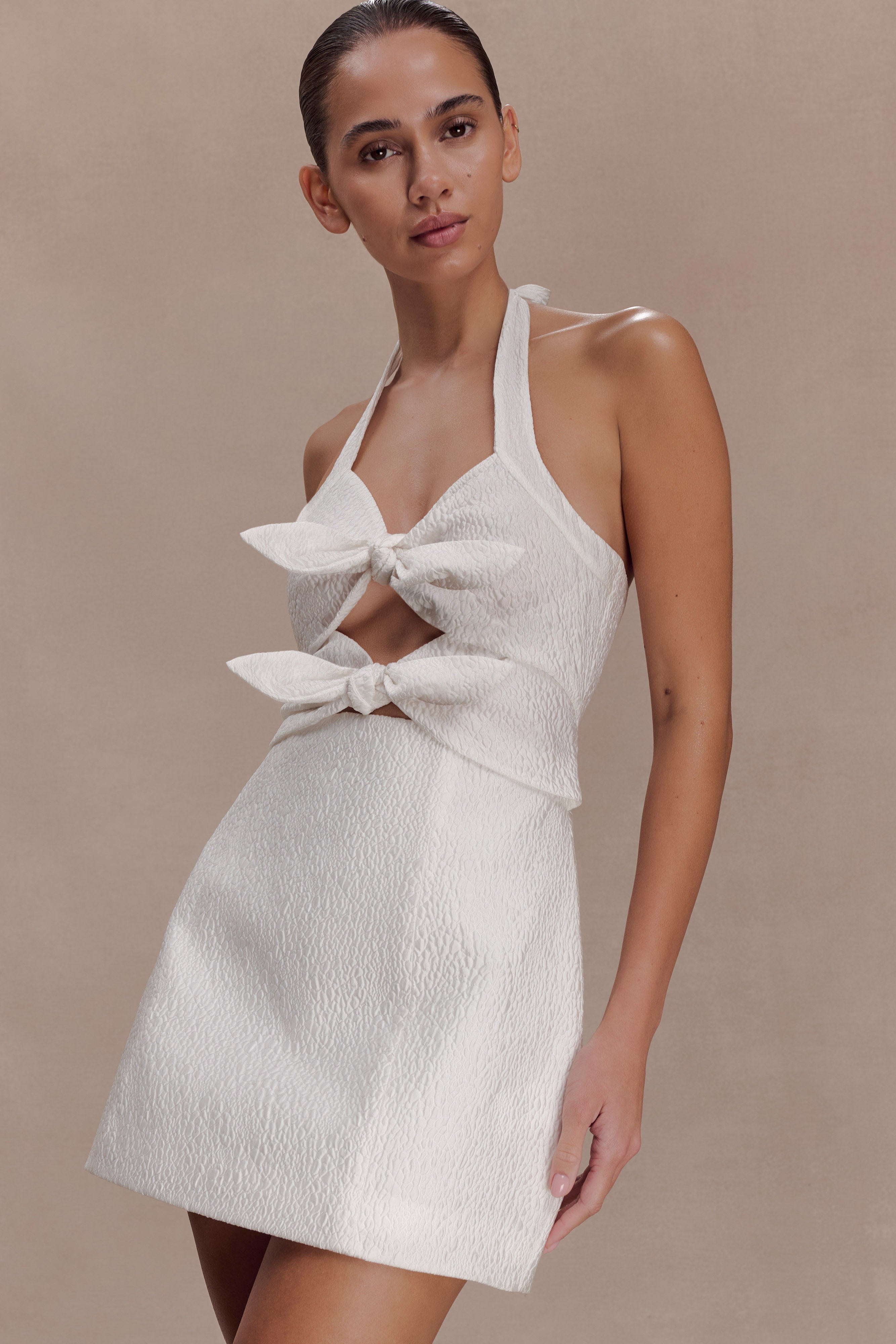 Ella Bow Detail Halter Mini Dress - White