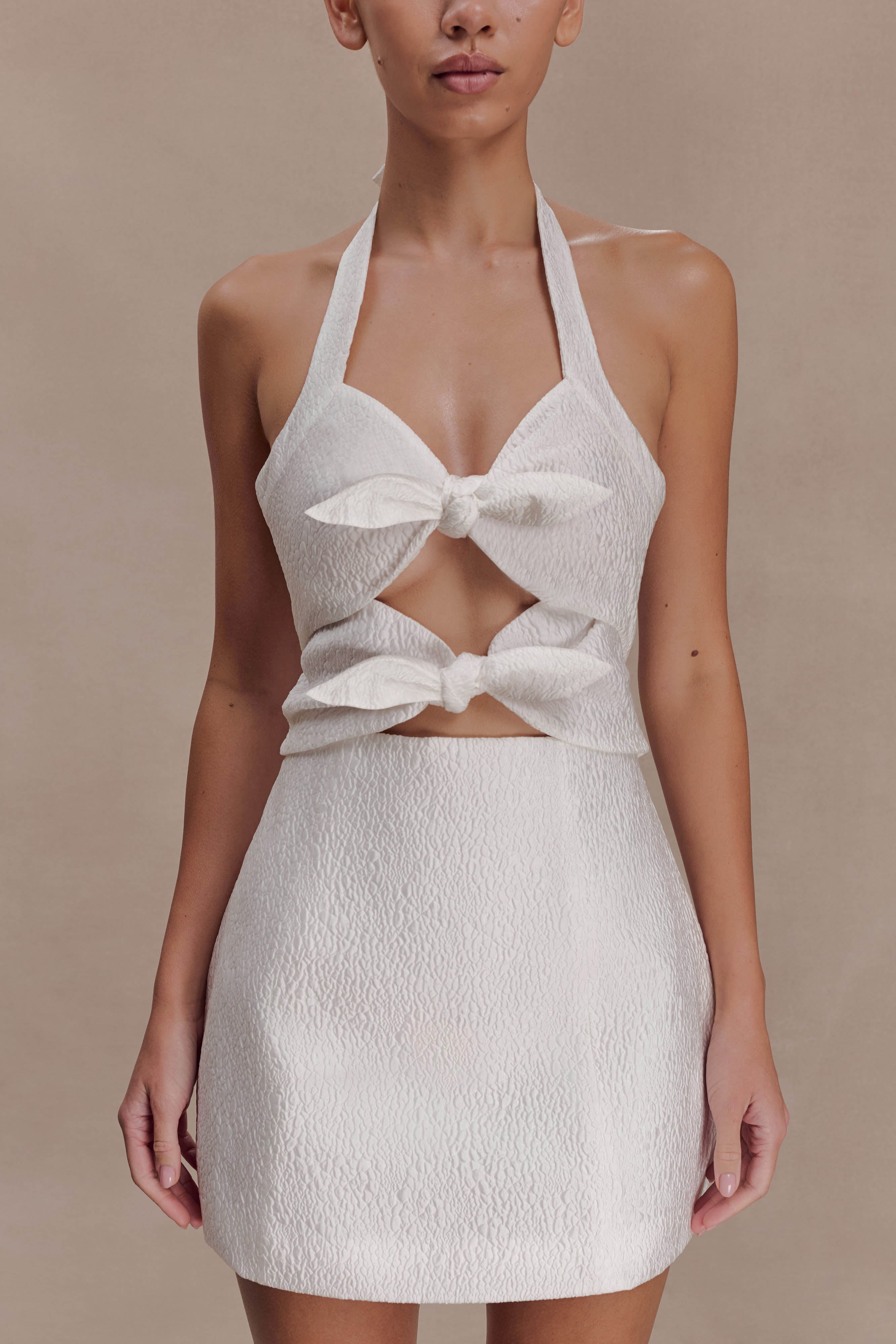 Ella Bow Detail Halter Mini Dress - White