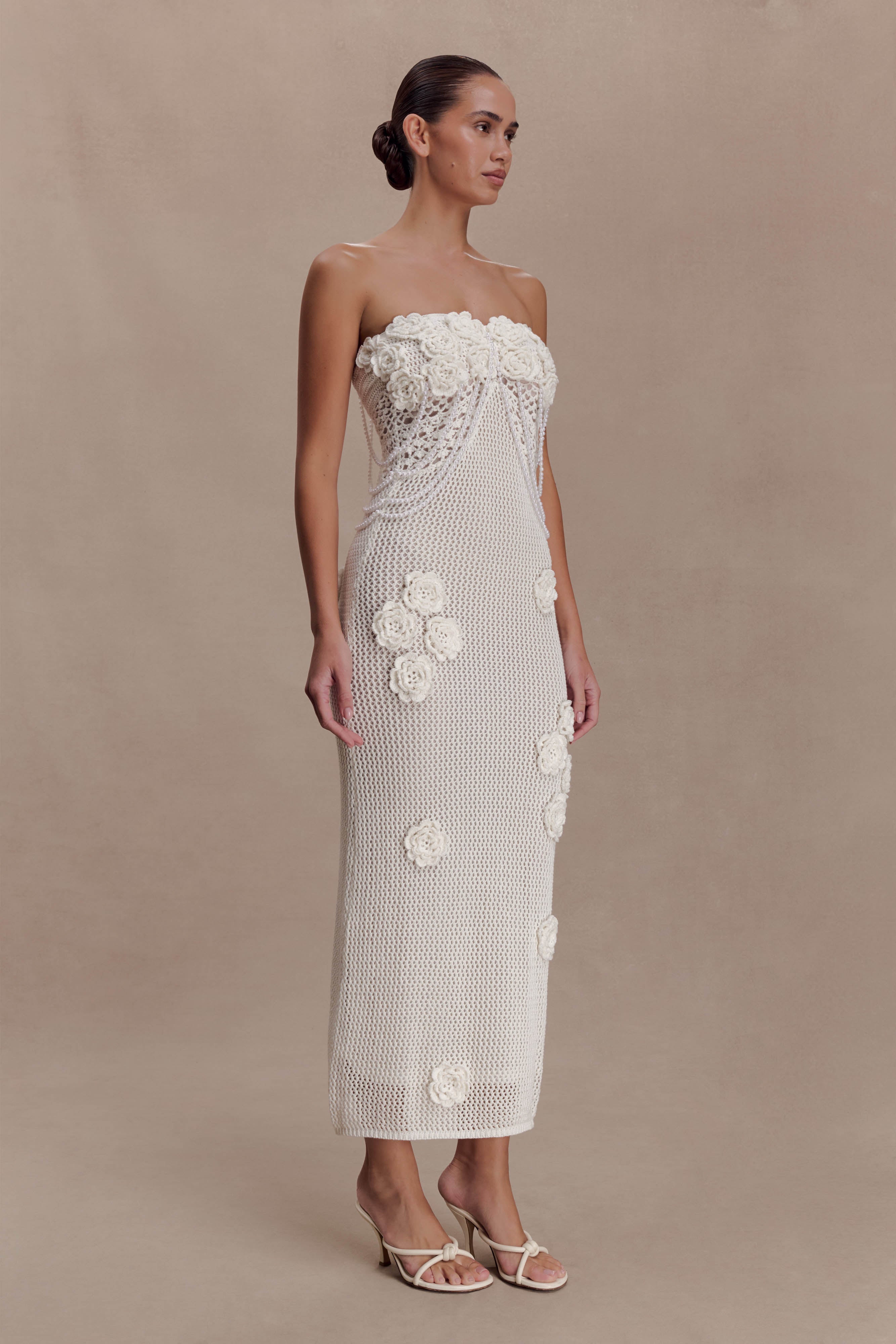 Samantha Crochet Midi Dress With Flowers - Ivory