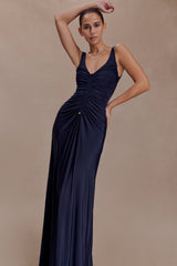 Perrie Slinky Ruched Maxi Dress - Ink Blue